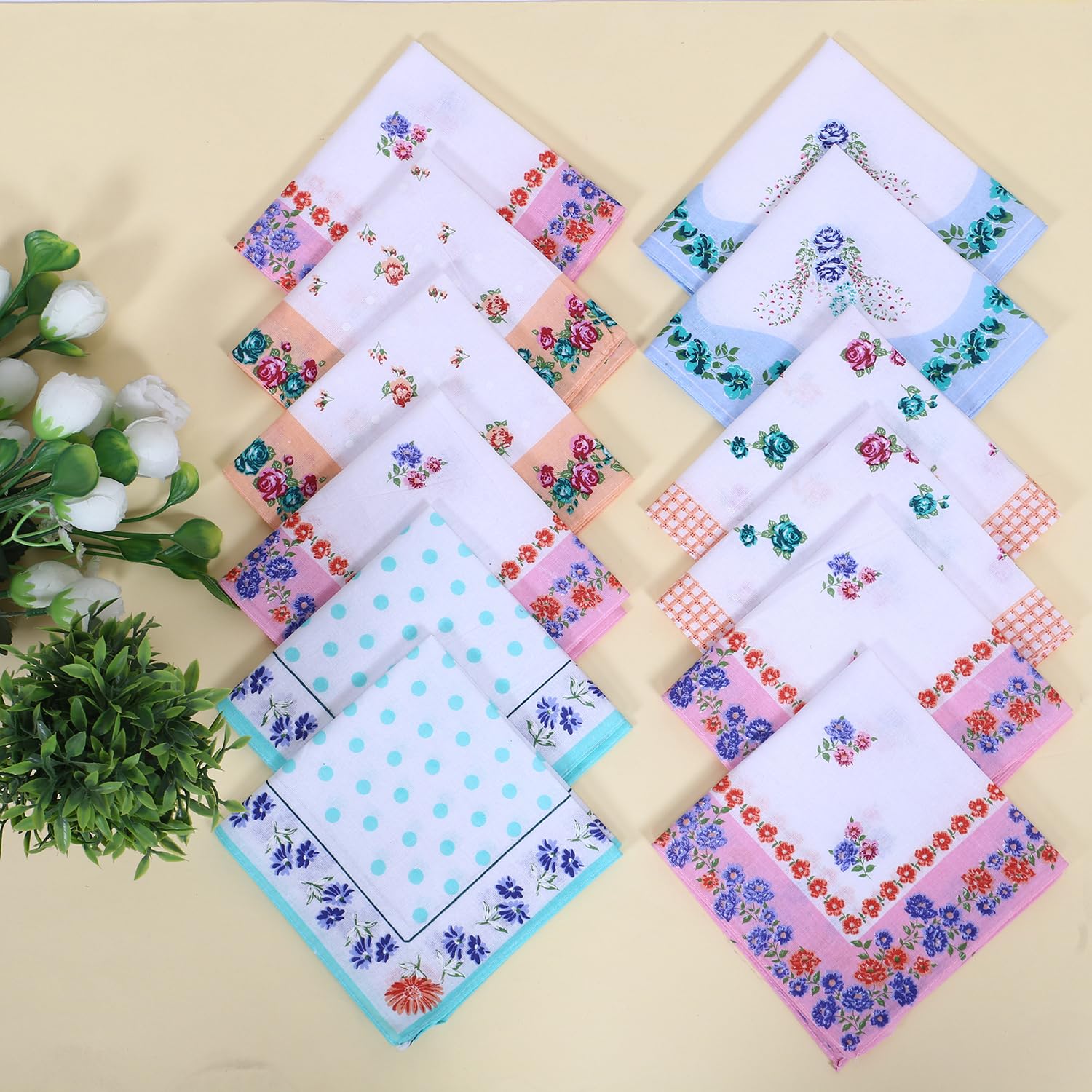 Heart Home Handkerchiefs | Soft Cotton Hankies for Woman | Hankies for Girls | White Border Ladies Hanky | Skin Care Hanky for Girls | Set of 12 | Multi