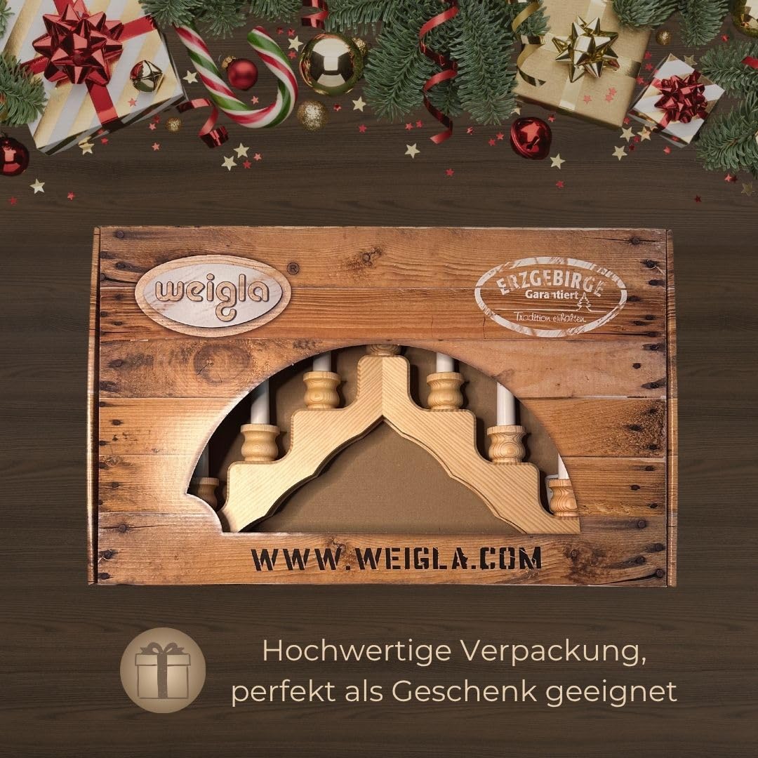 WEIGLA - Schwedenleuchter original Erzgebirge I Trendiger Schwede Natur I LED I Schwibbogen Weihnachten I 7 Lampenkerzen + 1 Ersatzlampe I 7 x 34 V, 0,2 W, E10 I Weihnachtsdeko innen I Kiefernholz