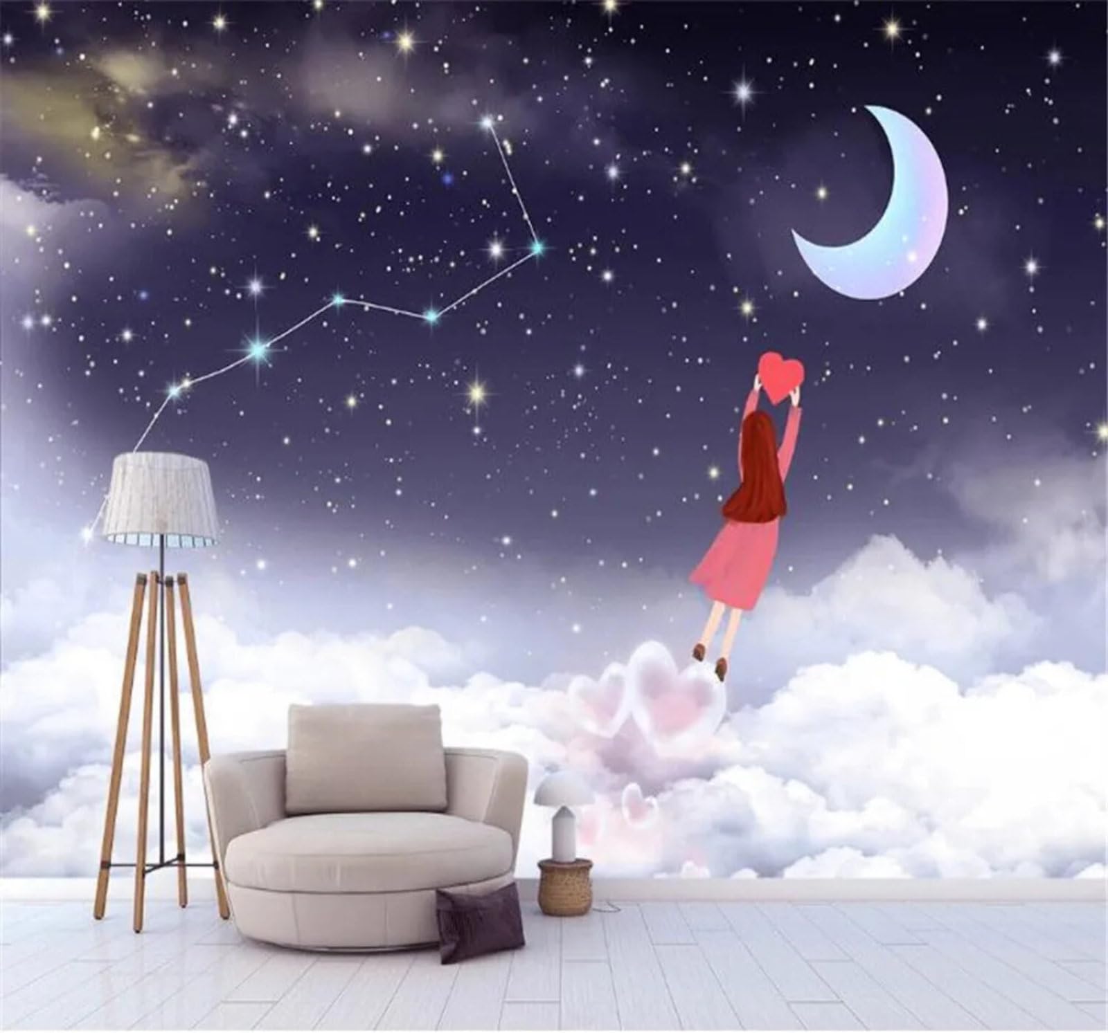Tzxztt Ethereal Dreamy Hand Drawn Starry Sky Moon Modern 3D Wallpaper Premium Textured Silk Neutral Tones Material Ideal for Living Room Bedroom-350cm×256cm