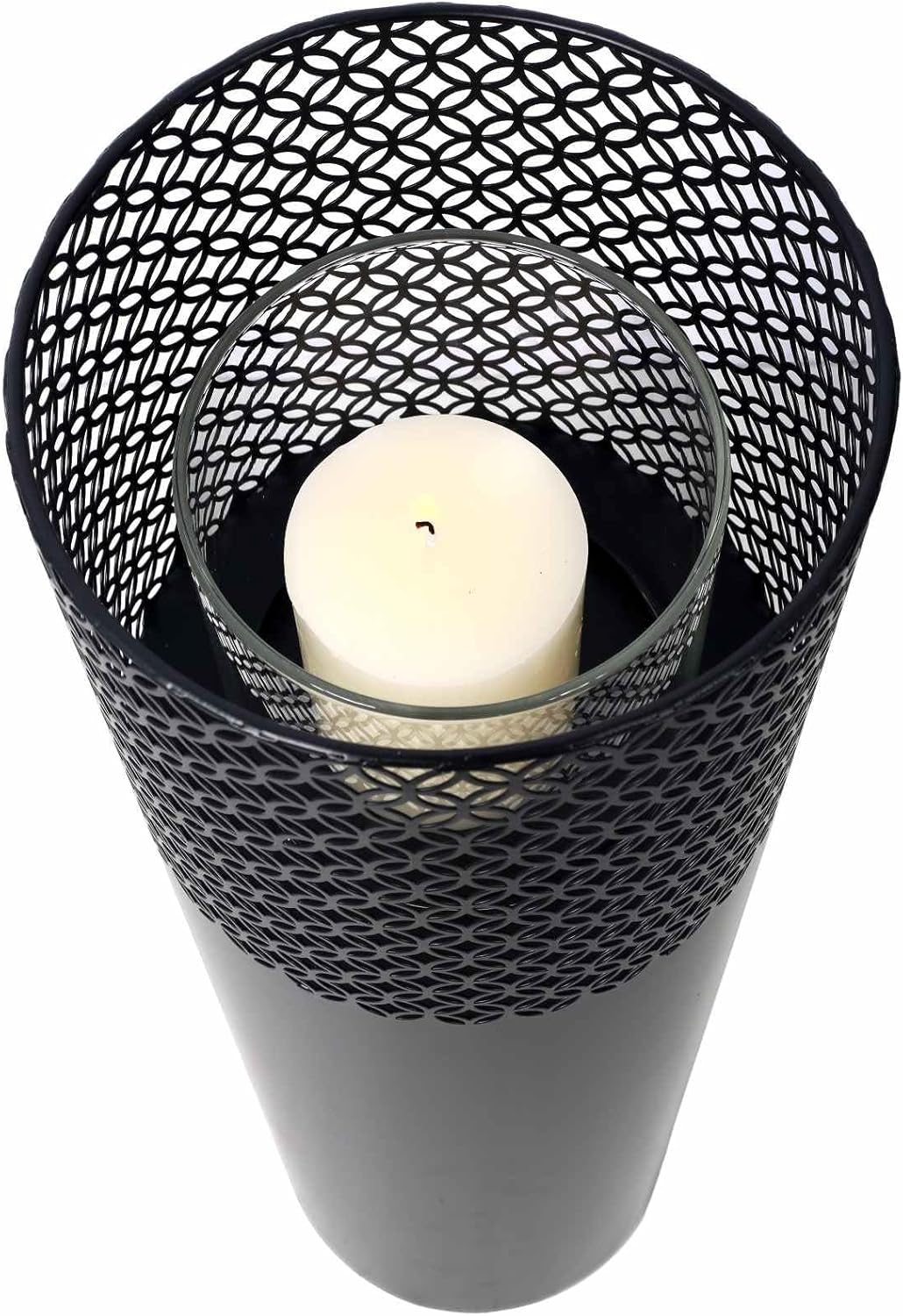 Set of 2 Metal Cylindrical Lanterns with Mesh Top Design, Tall Decorative Candle Holders, Indoor/Outdoor Industrial Design Decorative Fire Pillars, Black