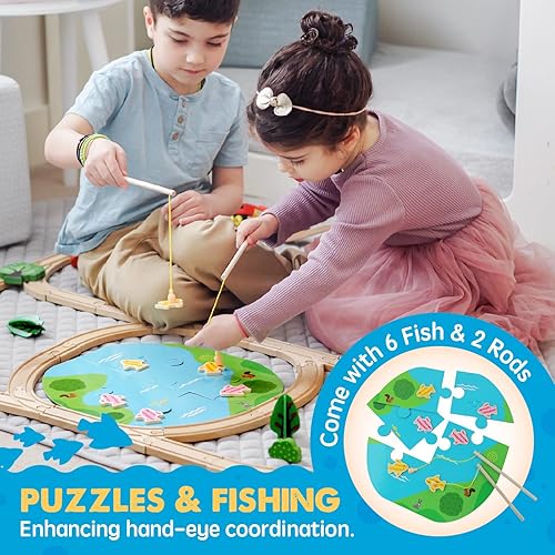 Miniatura 4 de Tiny Land 110 piezas de juego de tren de madera – Tren de juguete con vías para niños de 3 a 7 años, compatible con las principales marcas, ideal