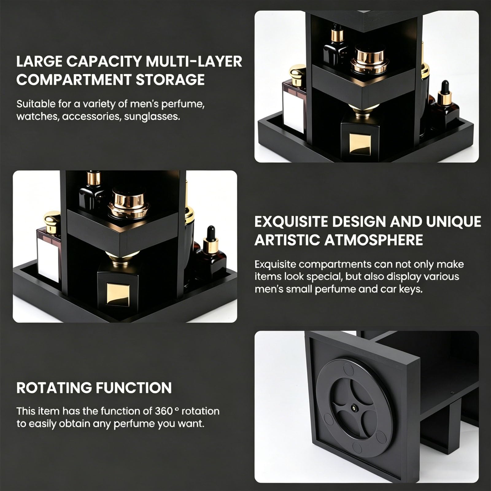 Obrotowy Drewniany Stojak Na Perfumy 360°, 3-Poziomowy Kwadratowy Organizer Na Perfumy Z 9 Przegródkami, Obrotowy Uchwyt Do Przechowywania Po Goleniu, Olejku Do Brody, Balsamu Do Golenia, Dekoracja