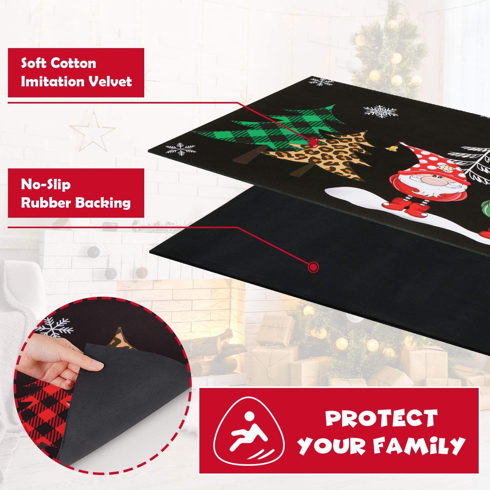 FRAMICS Weihnachtsläufer Teppich – Winter-Schneeflocken Design, Rotes Büffelkaro, 50x152 Cm, Rutschfeste Gummiunterseite, Waschbar