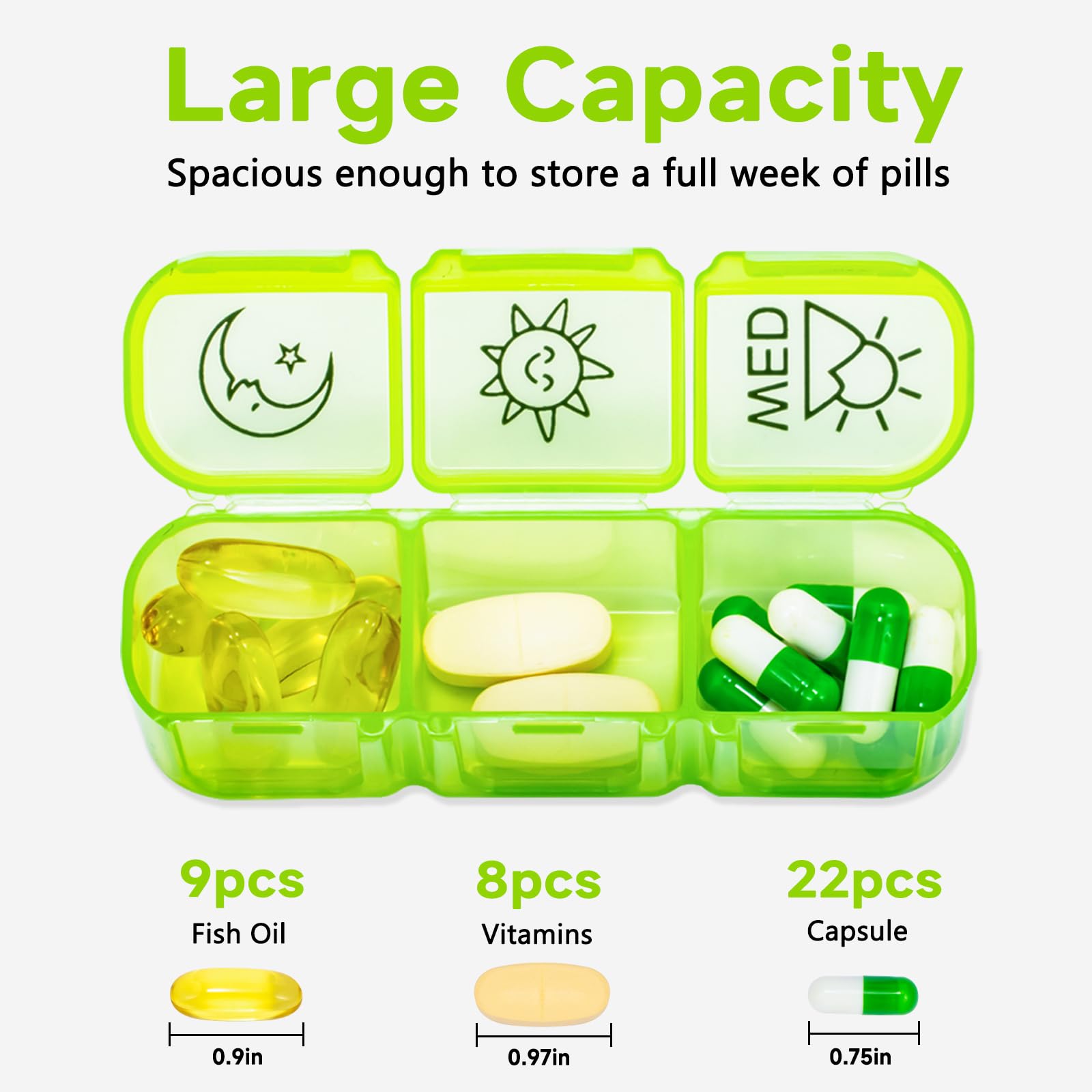 Organizador semanal de píldoras de 7 días, contenedor diario de medicamentos 3 veces al día, soporte para medicamentos para vitaminas, aceites de pescado, suplementos, cepillo profundo para