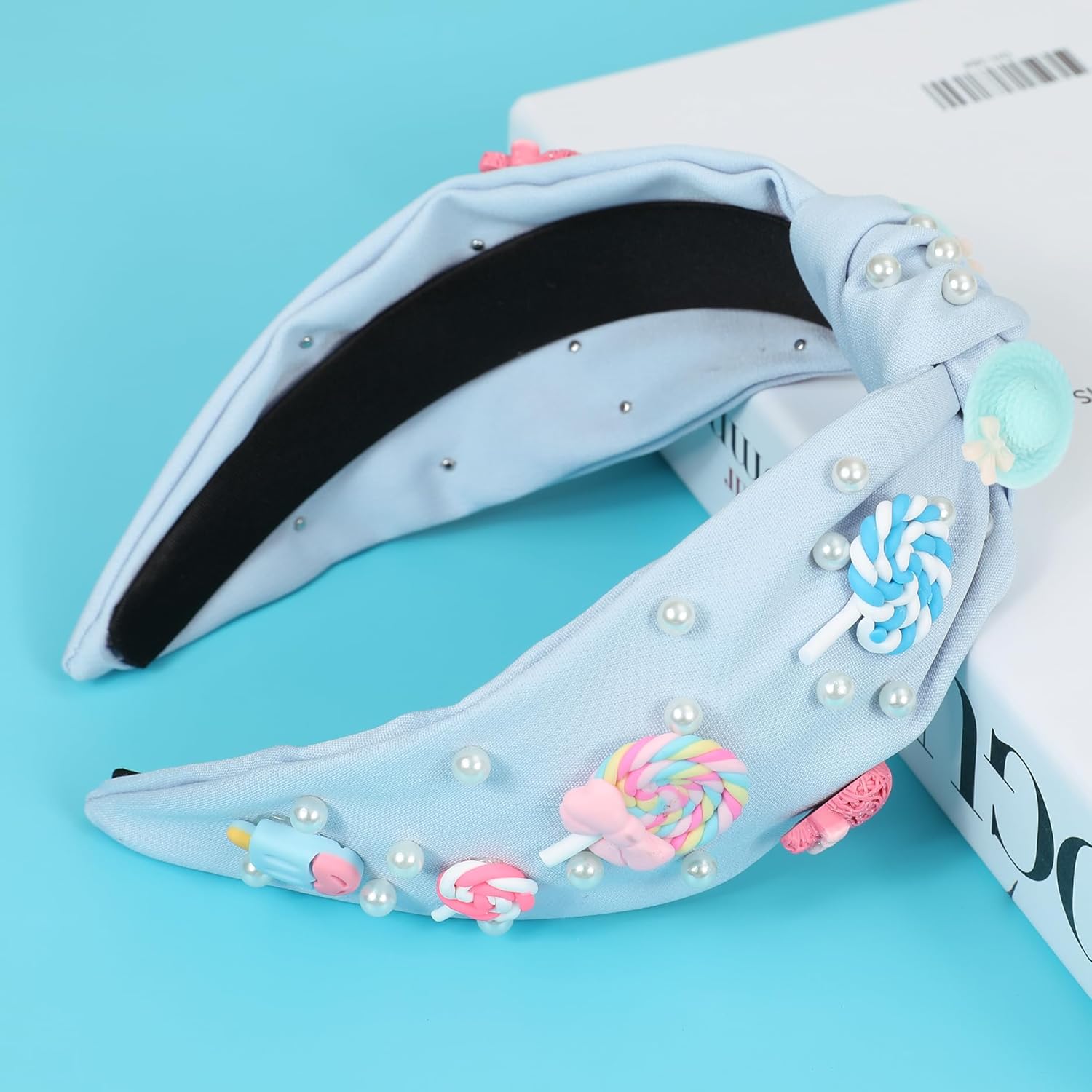 Candy Knotted Headbands for Women Cute Rainbow Lollipop Ice Cream Charm Headband Beaded Wide Top Knot Birthday Hairband Funny Rhinestone Hair Accessories - Image 2