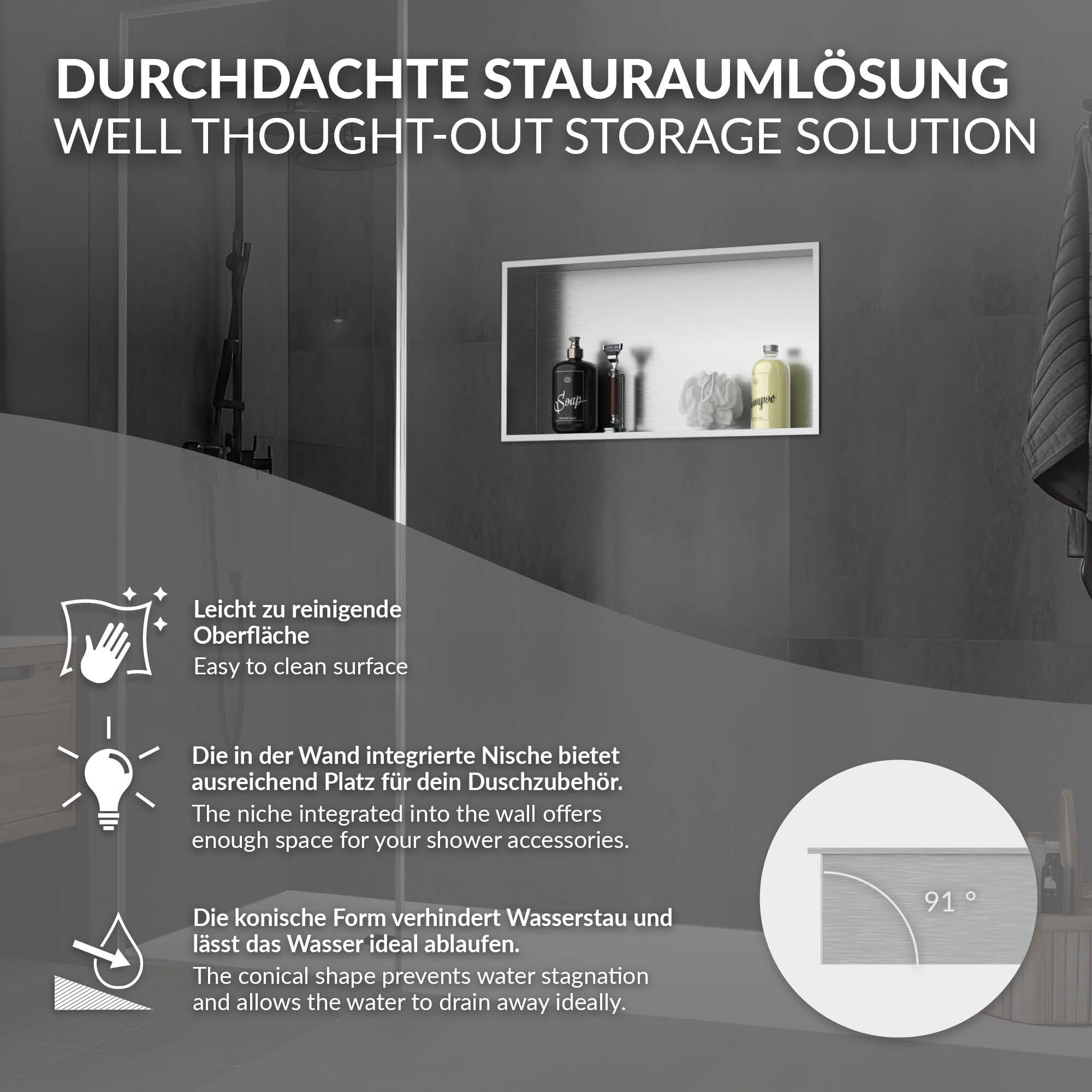 LuxeBath Niche de Douche Encastrée Murale, 60x30x10cm, en Acier Inoxydable, Argent, Étanche, Étagère avec Cadre Salle de Bain, Encastrable, Seule Couche, Rangement Articles Toilette, Matériel Montage