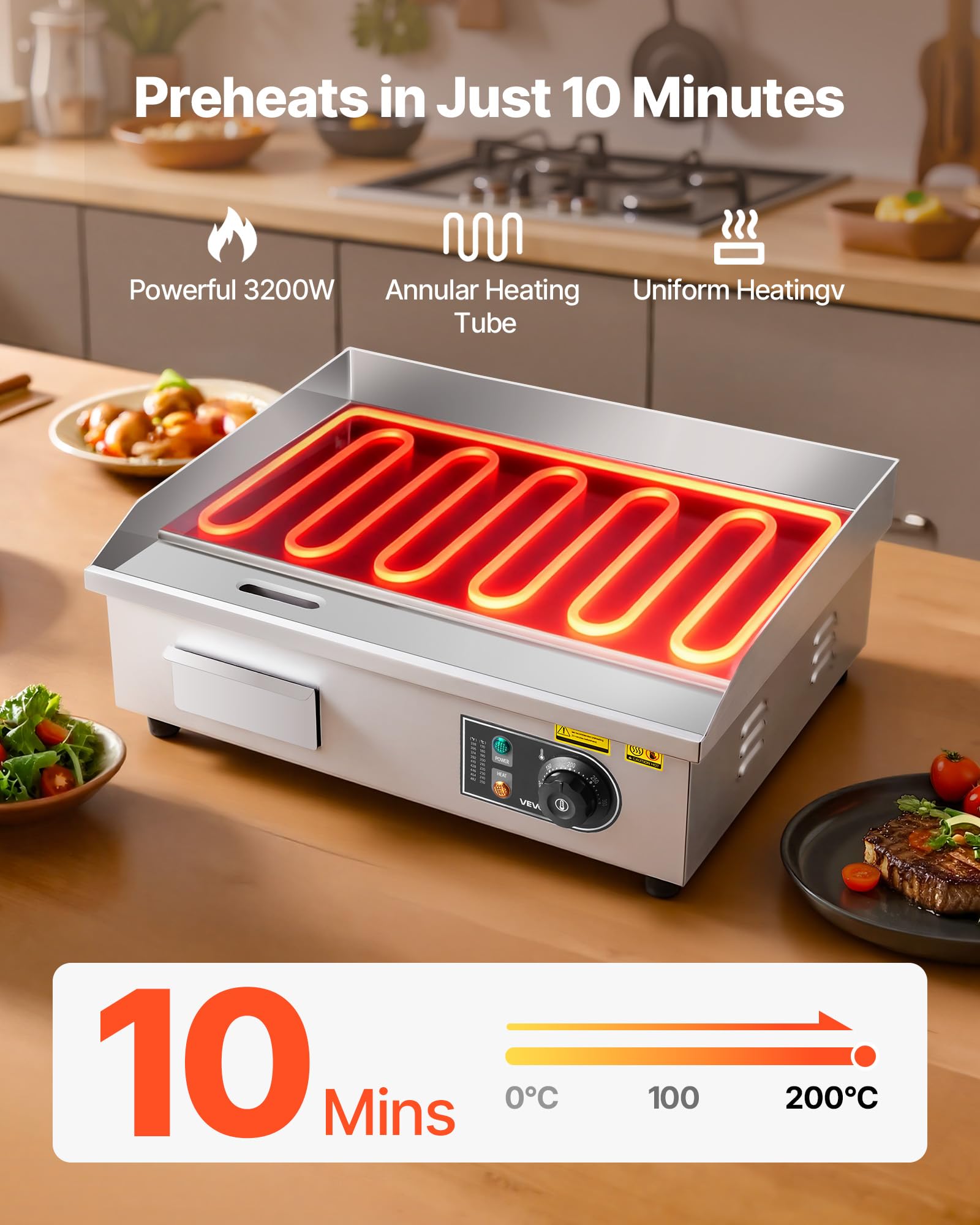 VEVOR Piastra Elettrica per Cottura Commerciale Griglia Elettrica per BBQ Piano Piatto 535 x 300 mm 3200 W, Temperatura Regolabile tra 50-300 °C, Griglia da Banco in Acciaio Inox per Bistecche