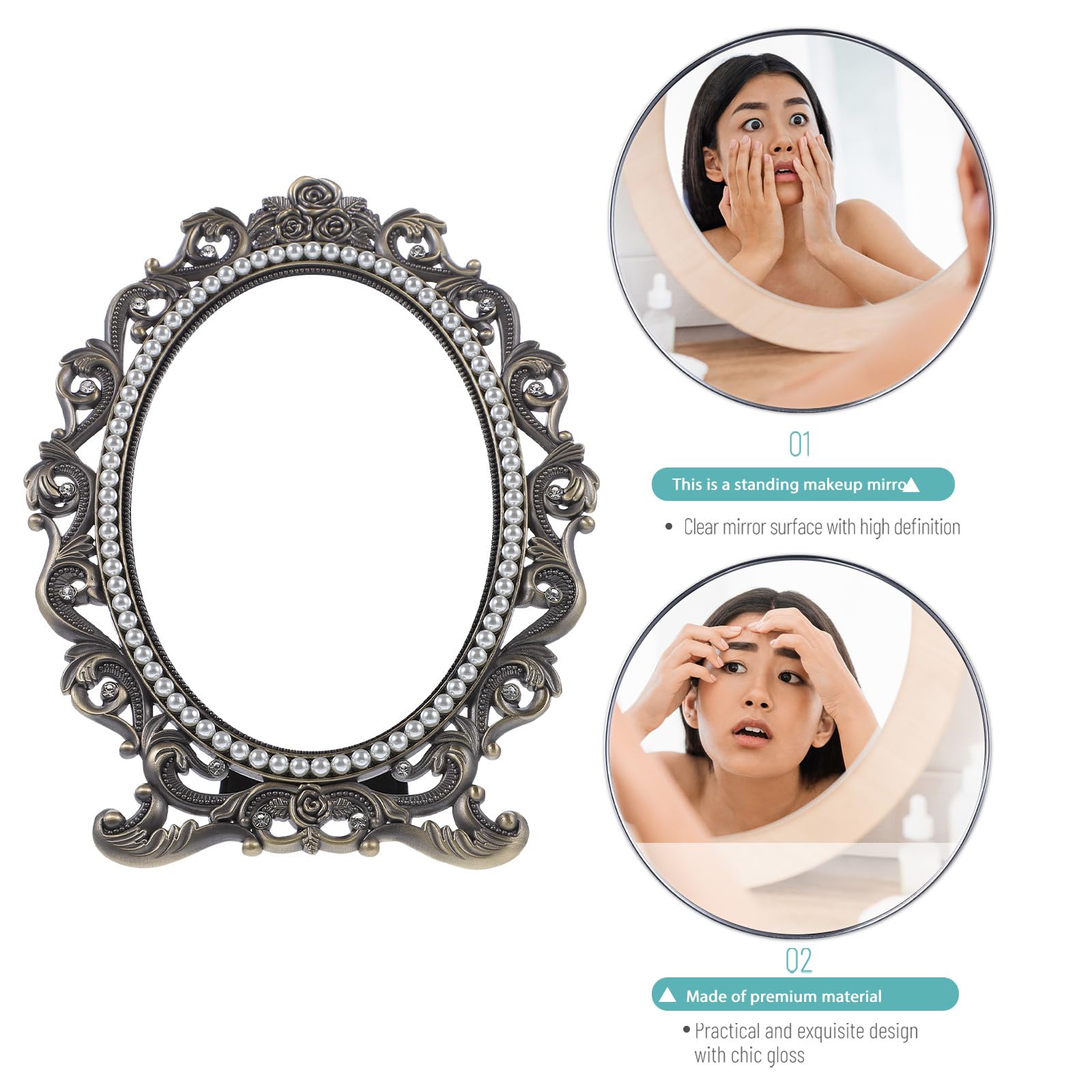 Schminkspiegel mit Stabiler Basis aus Zinklegierung Vintage Eleganter und Hochauflösender Oberfläche im Silbernen Retro Design für Makeup und Rasur