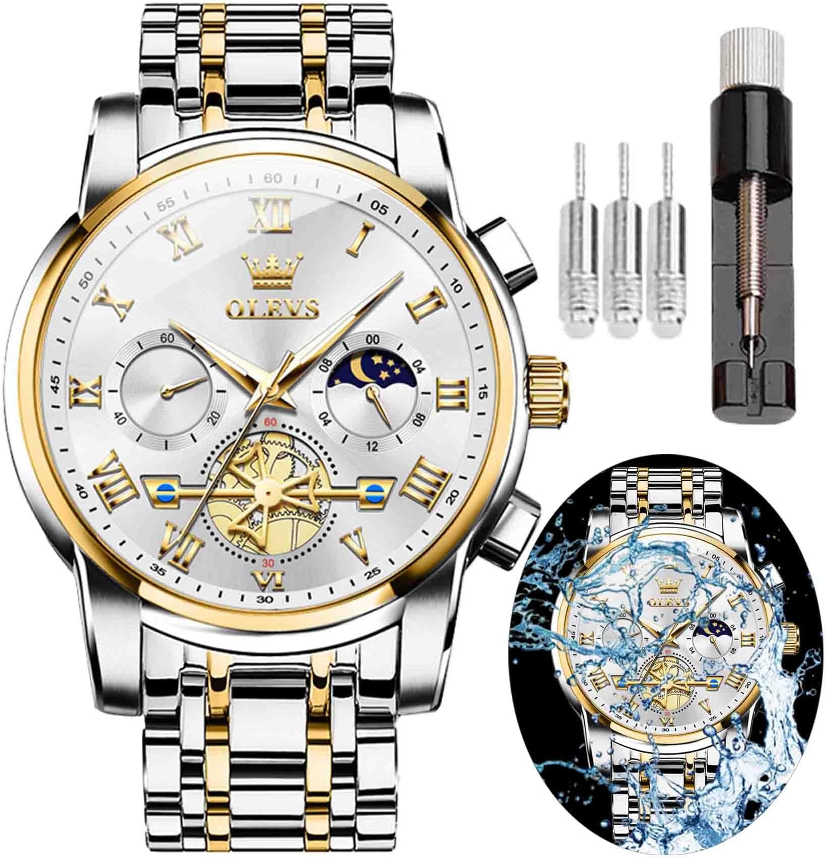 OLEVS Watch for Men Diamond Business Dress Analog Quartz Stainless Steel Waterproof Luminous Date Two Tone Luxury Casual Wrist Watch
