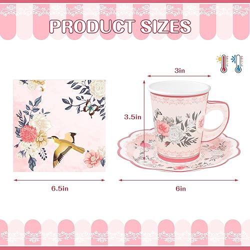 Miniatura 3 de Tazas desechables para fiesta de té, paquete de 24 tazas de té y platillos florales, tazas de té de papel con asas, decoraciones de fiesta de té
