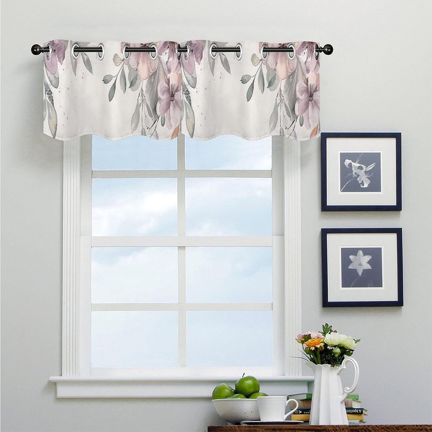 Light Gray Flowers Valance for Windows, 2 Pack Kitchen Curtains Modern Home Decor, Soft Blackout Window Curtains for Living Room & Bedroom, 18 X 52 Inch