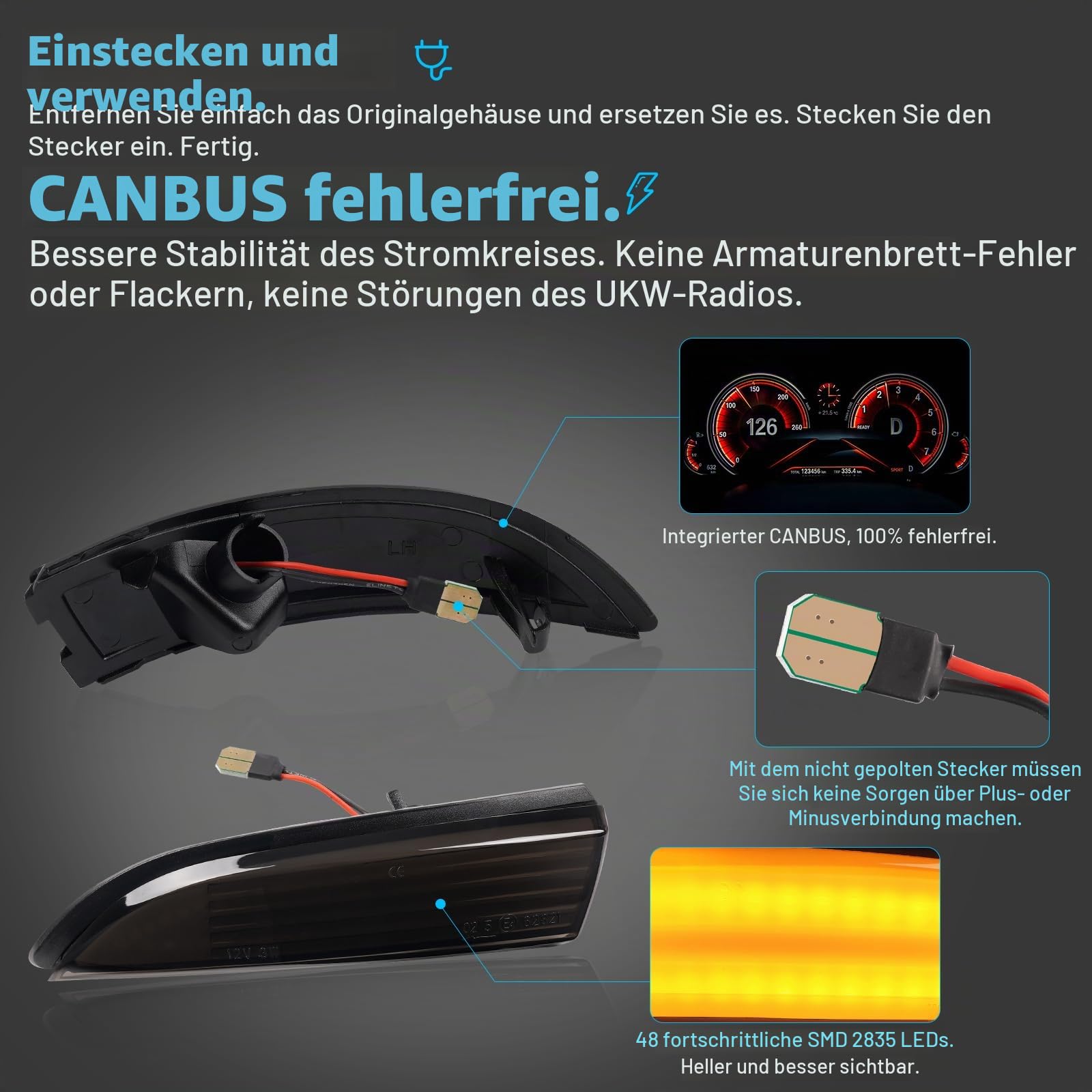 POPMOTORZ LED Spiegelblinker Blinker für Ford Fiesta Fiesta Mk7 B-Max mit Canbus Fehlerfrei 2835 SMD Schwarz, 2 Stück