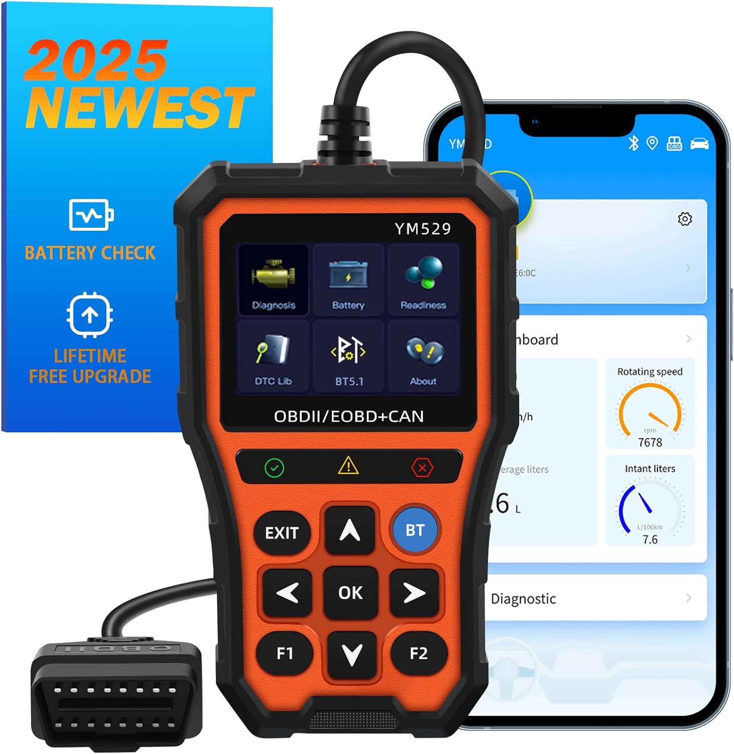 YM529 Automotive OBD2 Car Scan Tool and Code Reader - Enhanced OBDII Universal Scanner Diagnostic Scan Tool, Battery Life Check Car Engine Fault Error Code Read & Clear Fault Codes (Orange)