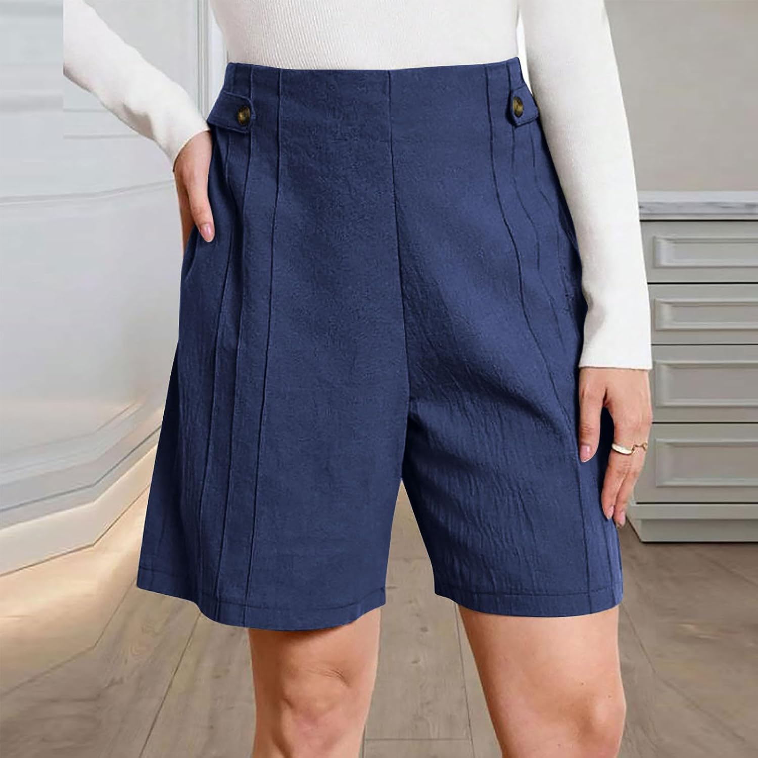 Womens Shorts Lightweight Bermuda Shorts for Women Cotton Casual Pleated Dressy Office Summer Short with Pockets