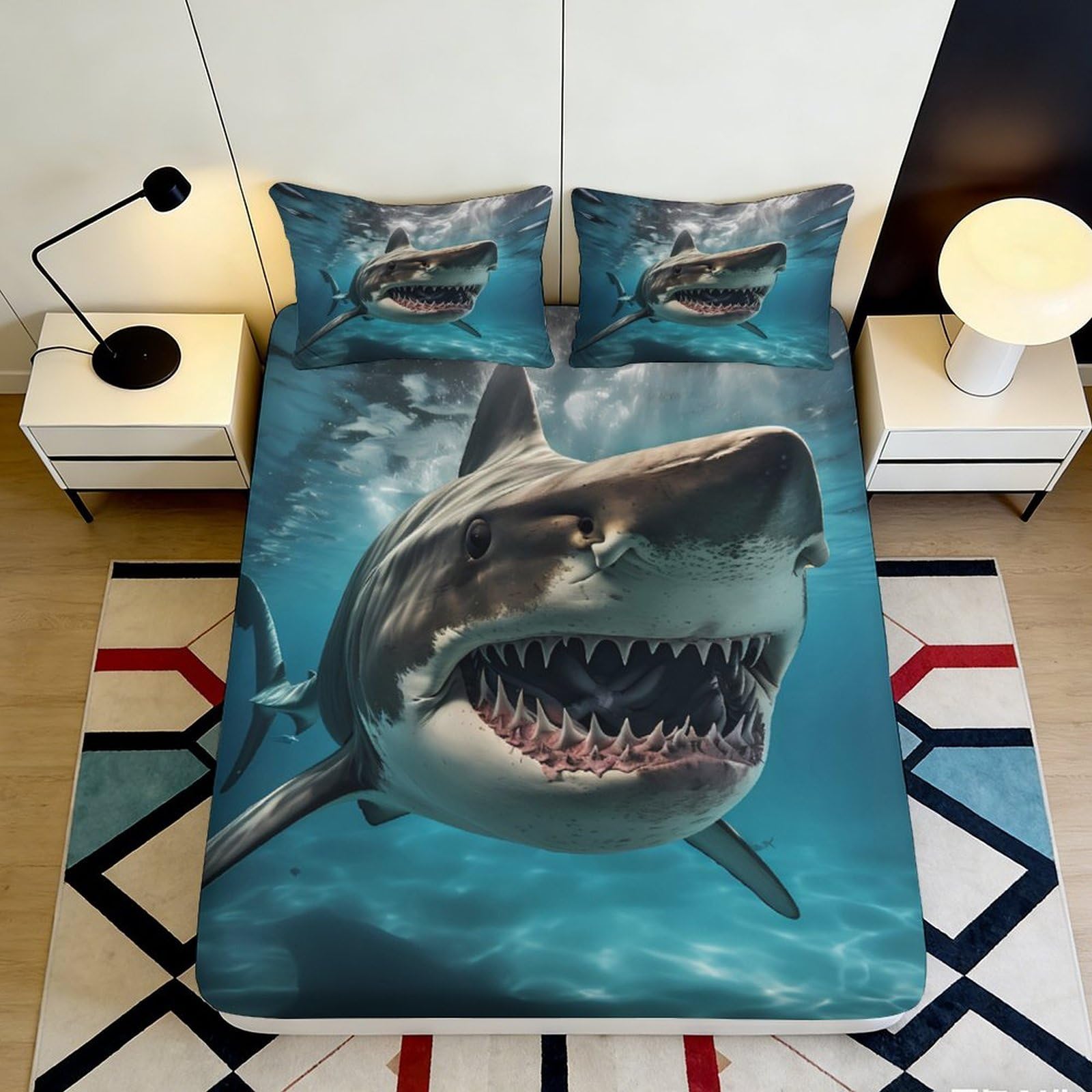 3D Printed Shark Ocean Fitted Sheet Microfiber Soft Breathable Sea Predator Bed Cover for Bedroom Guest Room Decor 90x200x25cm
