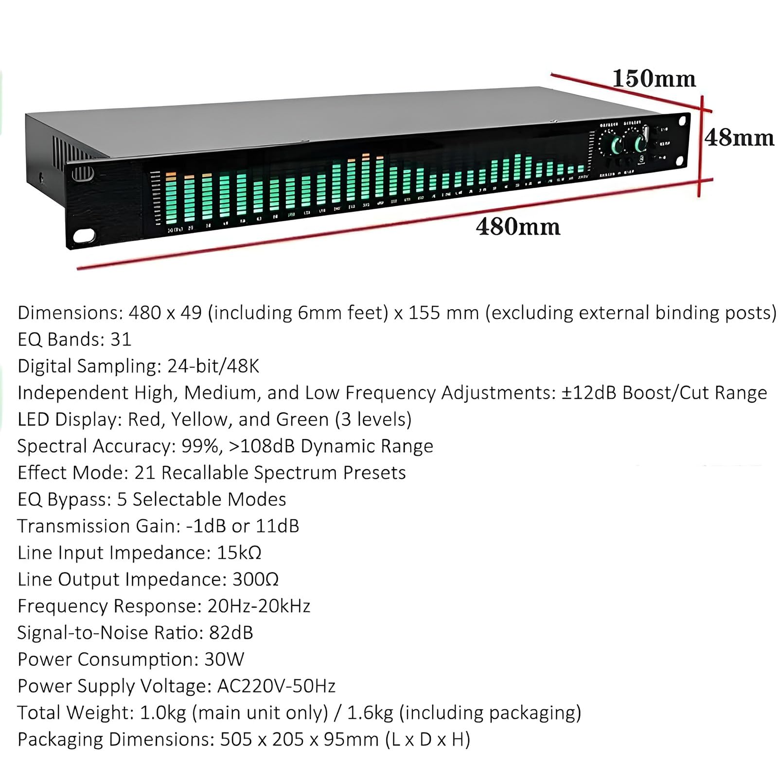 Ecualizador Gráfico De Audio Estéreo, Ecualizador Digital De 31 Bandas, Con Pantalla De Espectro Led, Procesador Dsp Y Reducción De Ruido, 10 Efectos Preestablecidos Para Estudio De Grabación
