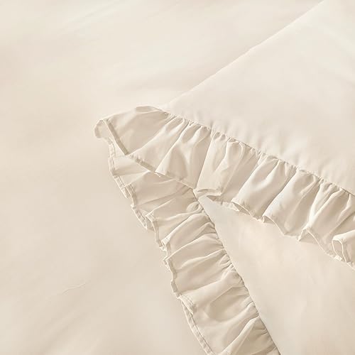 Miniatura 8 de Andency Juego de edredón beige tamaño King, 3 piezas estilo farmhouse shabby chic con volantes, ligero esponjoso suave de microfibra para todas