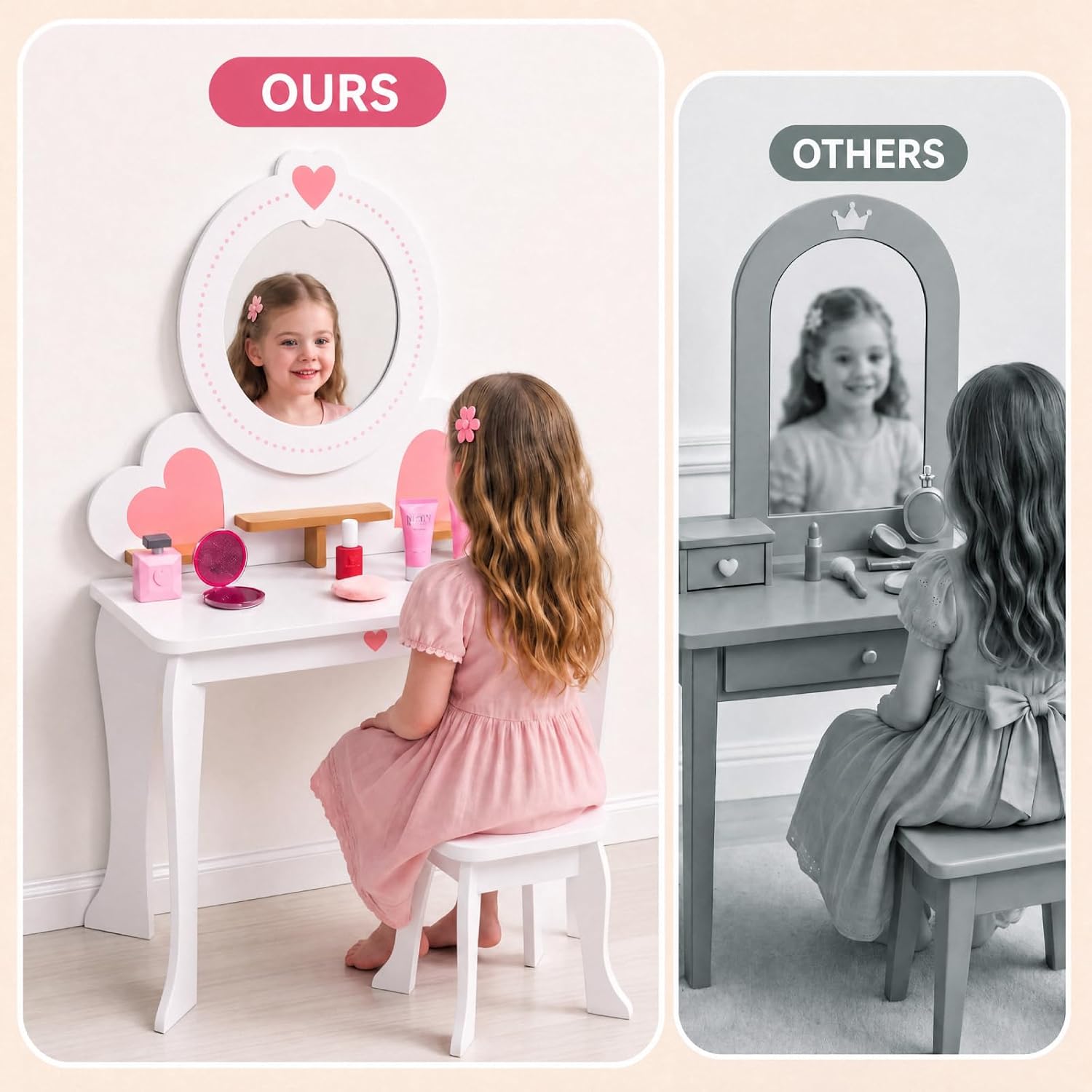 MAMIZO Kids Vanity with Mirror, Girls Dressing Makeup Table and Chair Set
