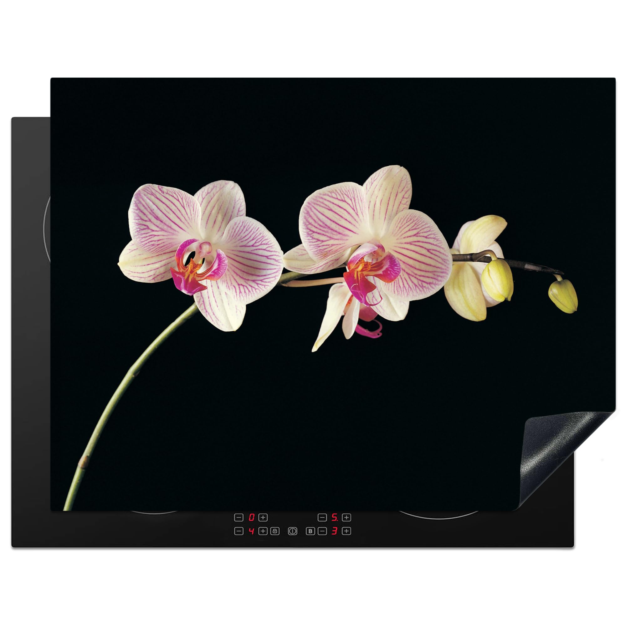 KitchenYeah© Induction Hob Cover Protector Mat 23.2"x30.3" / 77x59 cm Kitchen Universal Ceramic Covers for Electric Cookers Vinyl Orchid - Flowers - Black - Pink - Buttons — image 1