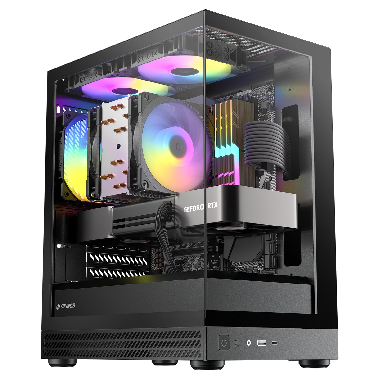 Okinos Aqua UNO - Custodia Micro ATX, senza supporto per radiatore, lunghezza massima GPU 309 mm, frontale e laterale in vetro temperato panoramico a sgancio rapido, ventole ARGB 3 x 120 mm