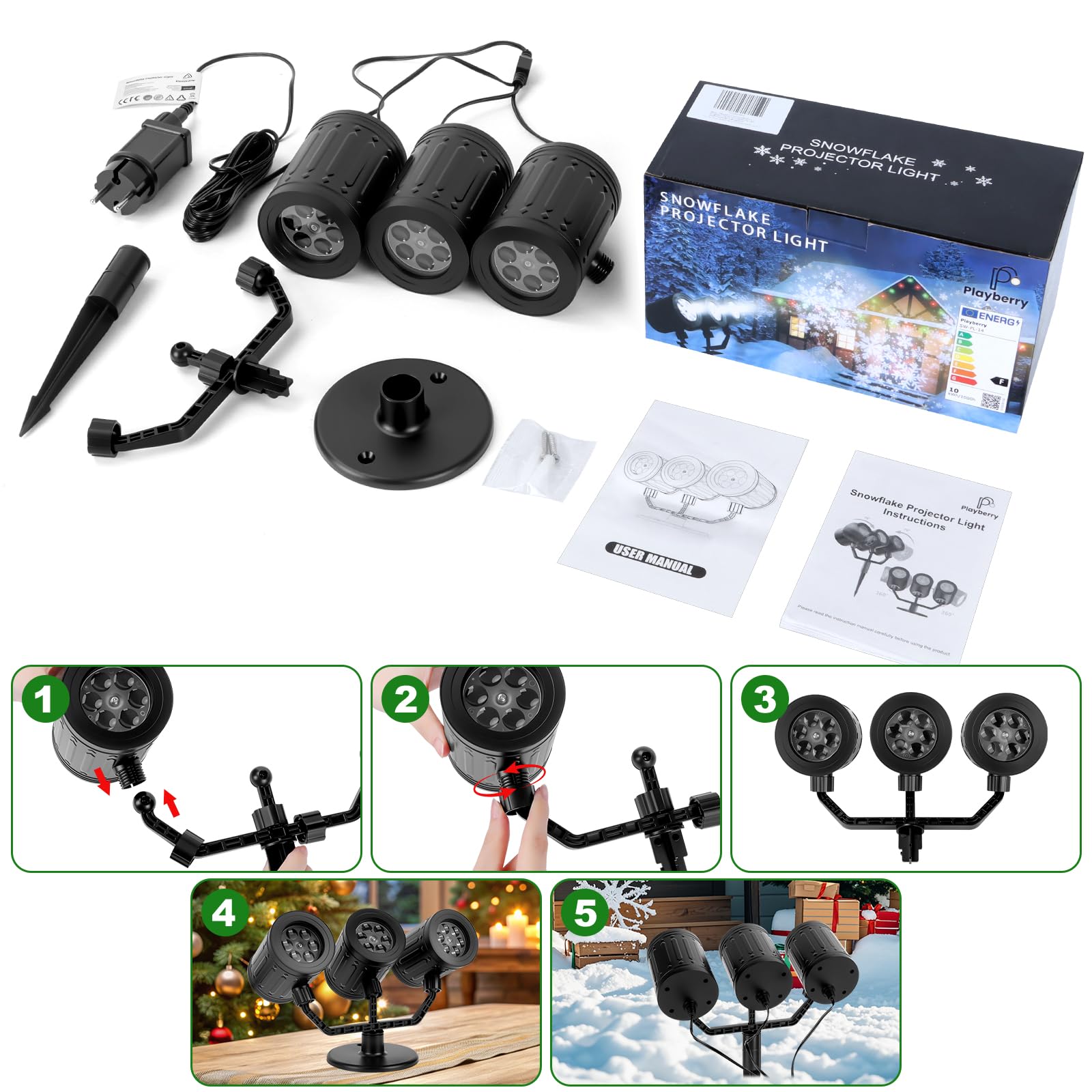 Charmofun Projektor Weihnachts Aussen, 3-Kopf Dynamische LED Schneeflocke Projektor 360°Rotierende mit Timer, Wasserdicht, Weihnachtsbeleuchtung außen für Garten Fenster Wand Party Weihnachtsdeko