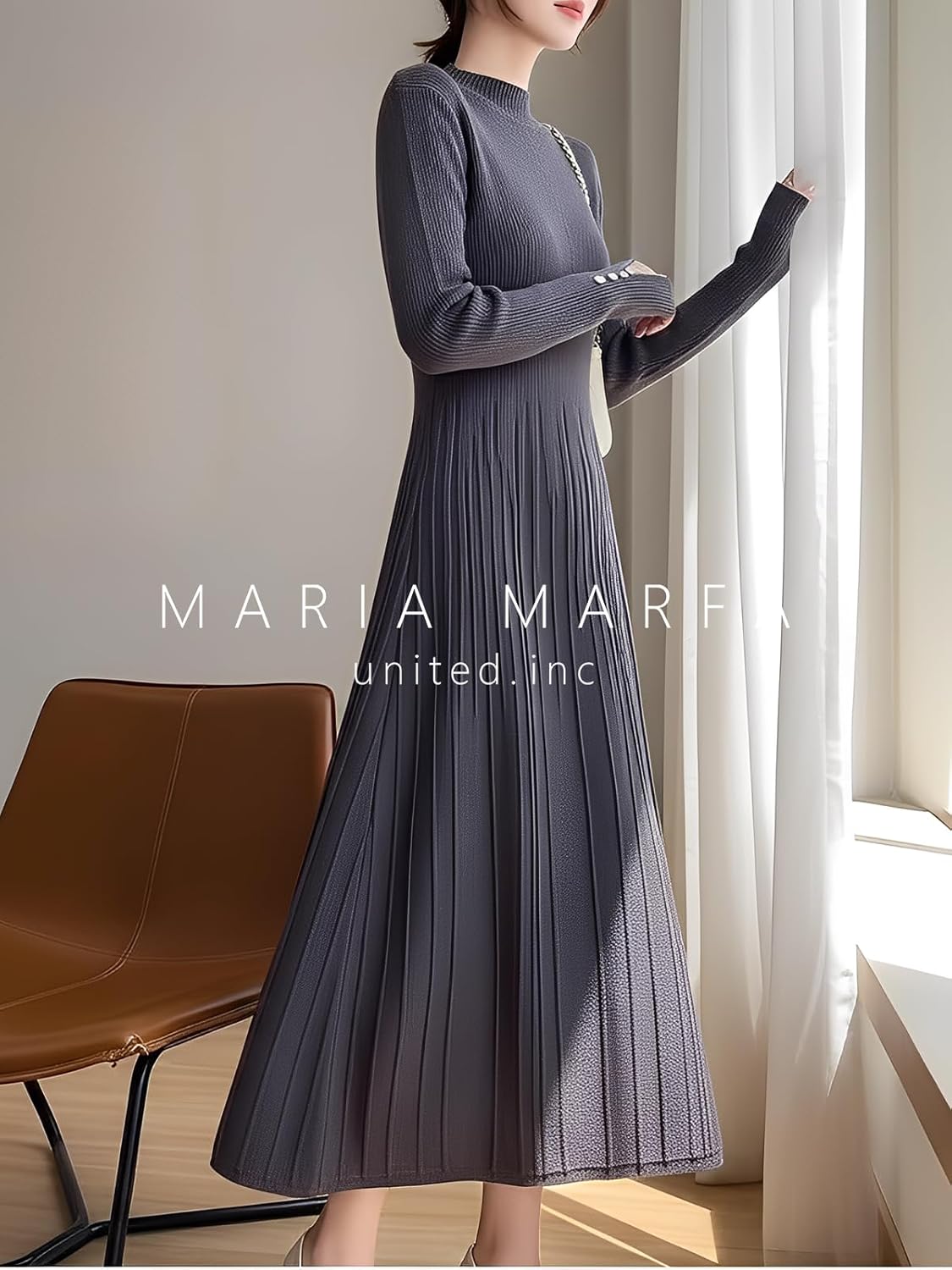 [MARIA MARFA] ニットワンピース レディース 秋冬 長袖 ウエストマークなし 伸縮性 綺麗 シンプル 美シルエット 体型