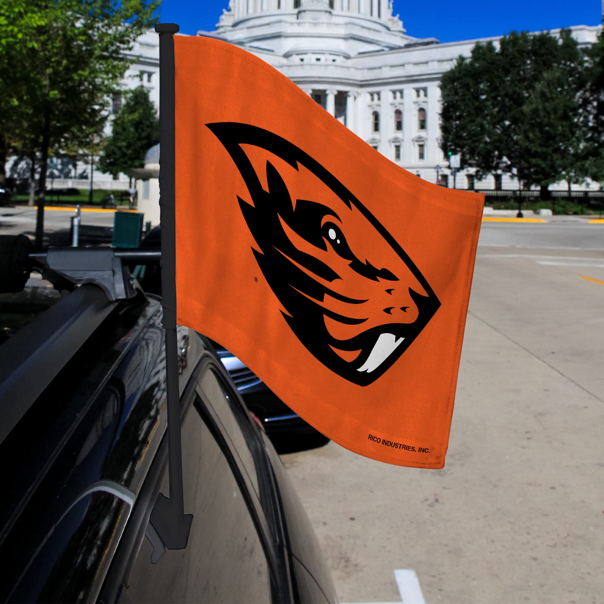 Rico Industries NCAA Oregon State Beavers Black Pole Car Flag W' Black Pole Double Sided Car Flag - 16