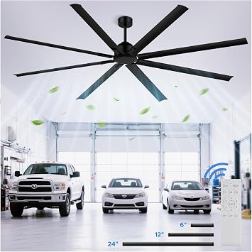 96 Inch Industrial Ceiling Fan, Large Commercial HVLS Shop Ceiling Fan | for Warehouse Garage Patio Gym, Big Assed Ceiling Fans with 8 Blades, Quiet Reversible DC Motor, Remote Control Black