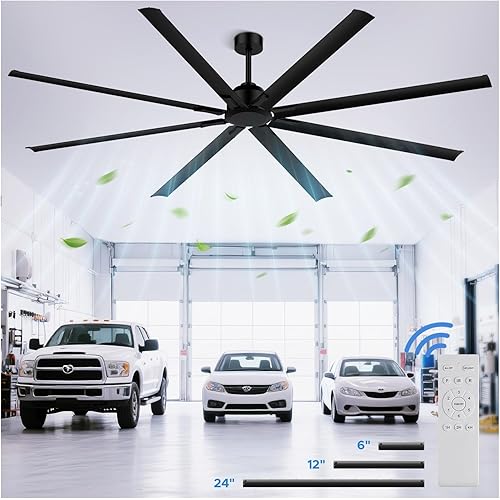 96 Inch Industrial Ceiling Fan, Large Commercial HVLS Shop Ceiling Fan for Garage Patio Gym, Big Assed Ceiling Fans with 8 Metal Blades, Quiet Reversible DC Motor, Remote Control, 6 Speeds(Black)