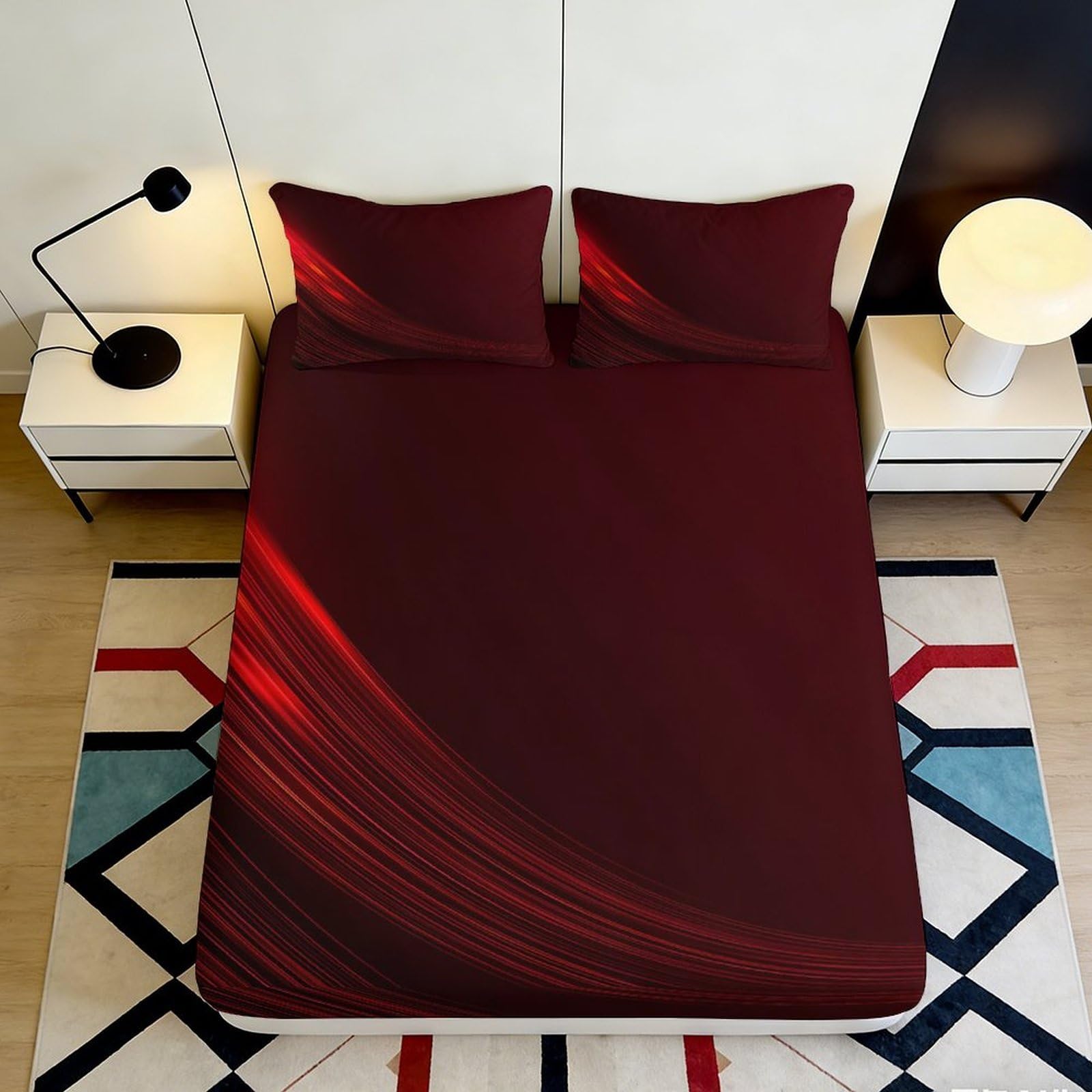 3D Printed Burgundy Wave Pattern Fitted Sheet Microfiber Mattress Cover for Bedroom Dorm Easy Care Anti-Slip 120x200x25cm