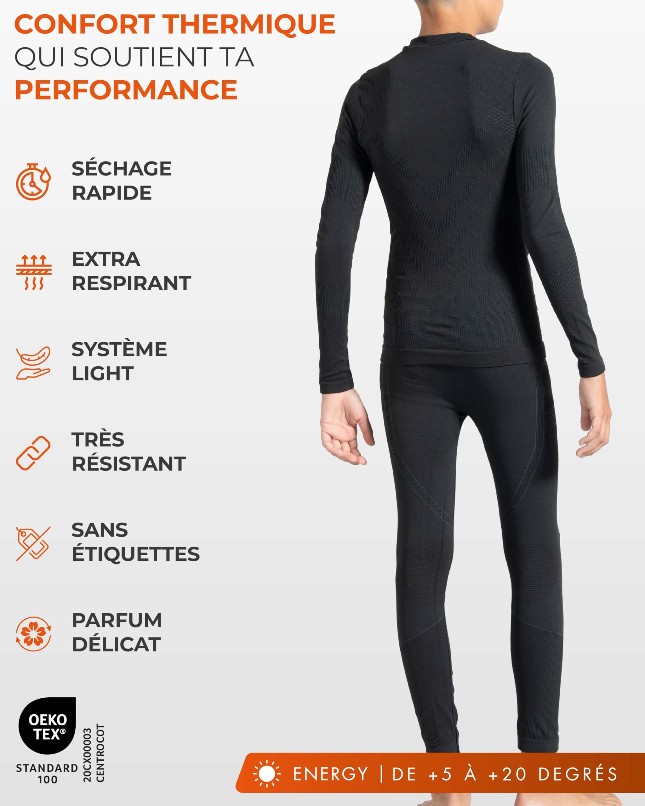 Risalti sous Vetement Thermique Enfant Energy – Ensemble Thermique Enfant, T-Shirt et Collant sans Coutures, sous Pull pour Ski, Foot, Vélo – Made in Italy