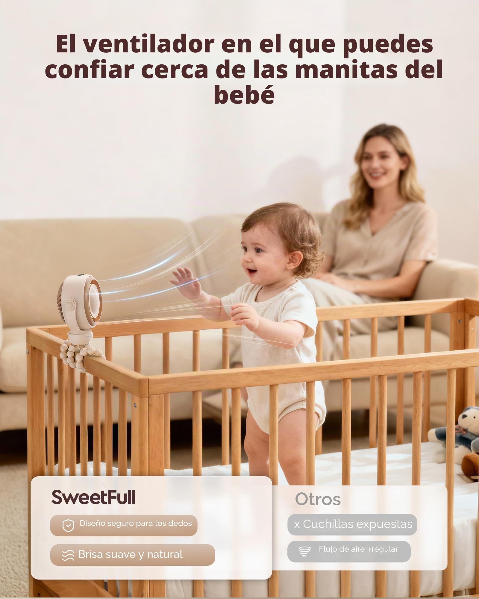 SWEETFULL - Ventilador silencioso para cochecito de bebé, 4000 mAh, recargable con clip, giratorio de 360 °, mini ventilador portátil con pantalla LED y luz nocturna para cochecito, asiento de coche y