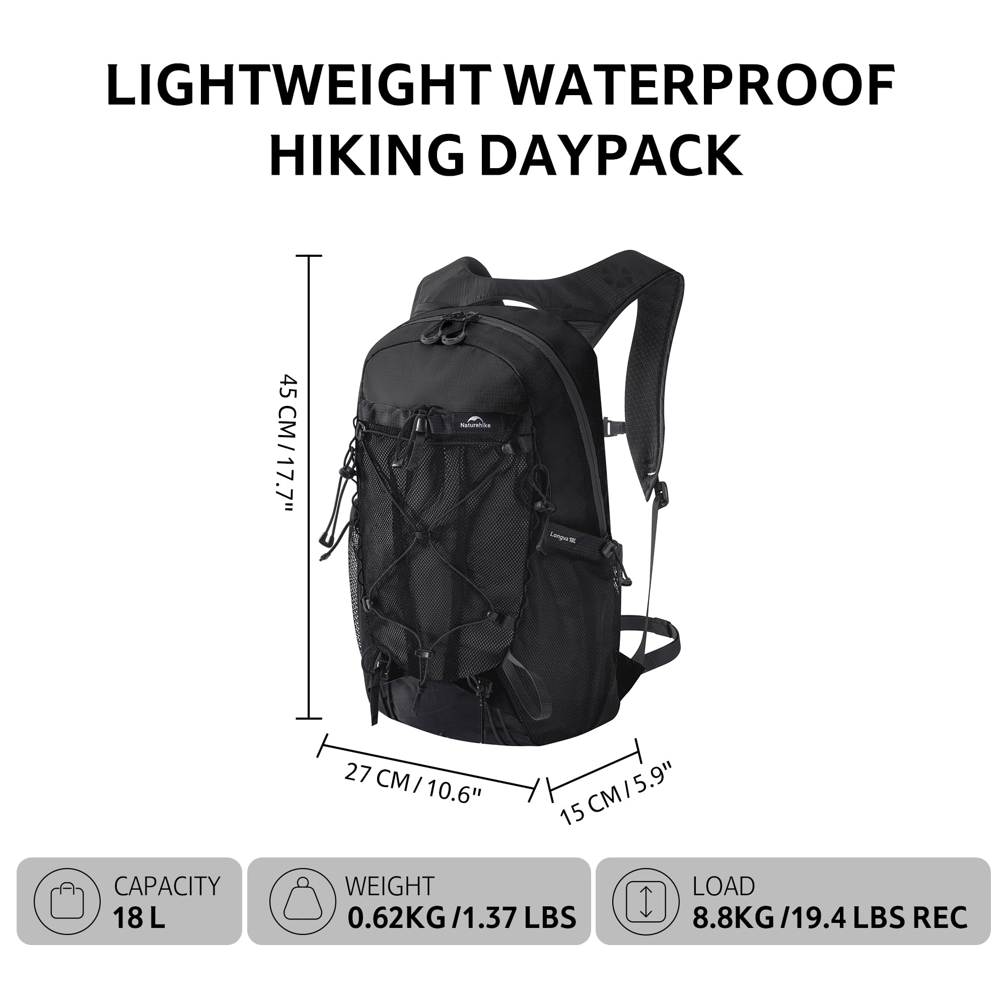 Naturehike Plecak turystyczny, męski, damski, plecak dzienny, 18 l, wodoszczelny, podróżny, outdoorowy, na kemping, wędrówki, jazdę na rowerze, czarny