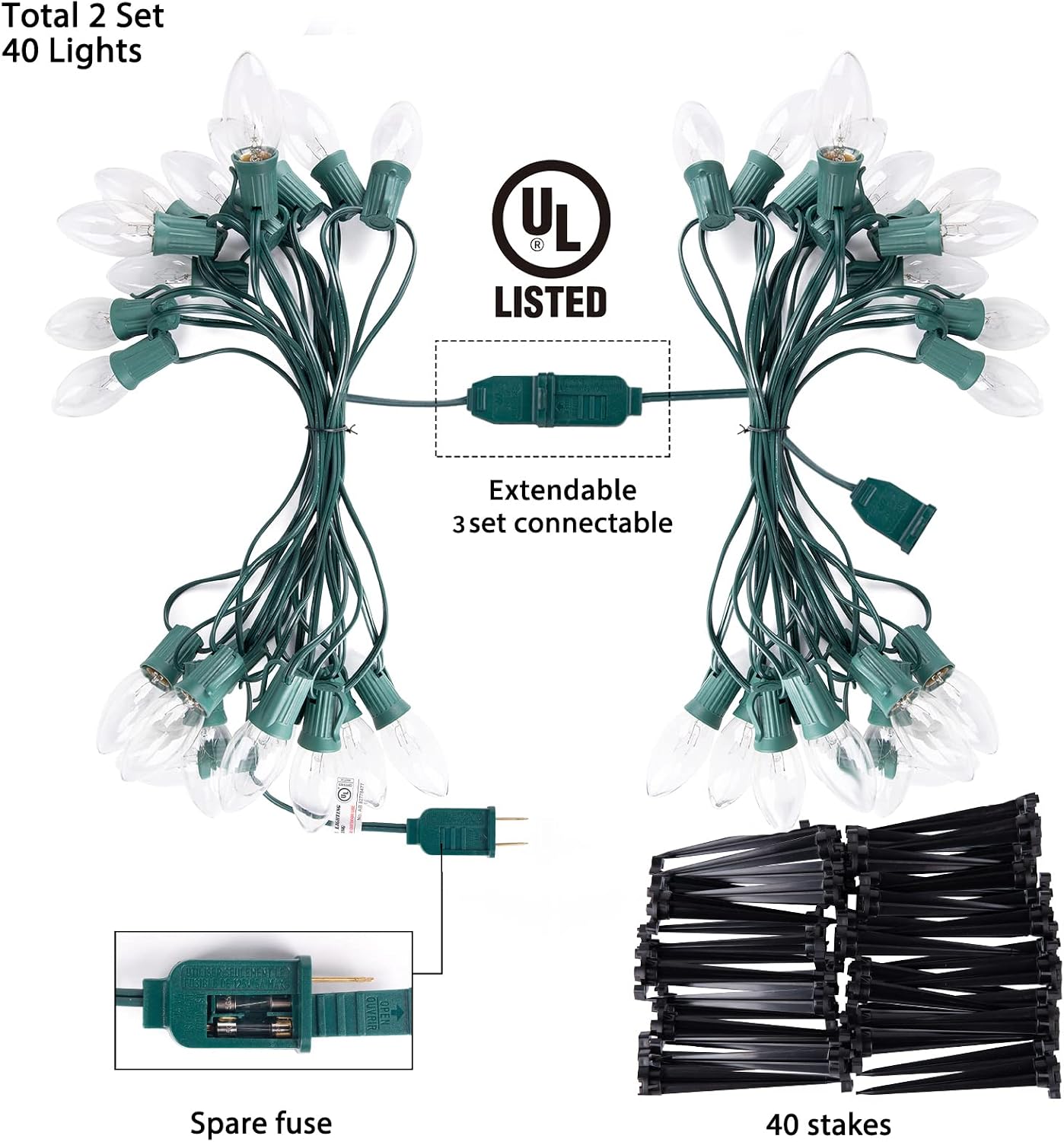 C9 Christmas Pathway String Lights Outdoor - 2 Pack 25.7 Feet 20 Clear Sidewalk Lights with 20 Stakes, Extendable Waterproof Walkway Lights for Outdoor Holiday Driveway Decoration, Warm White