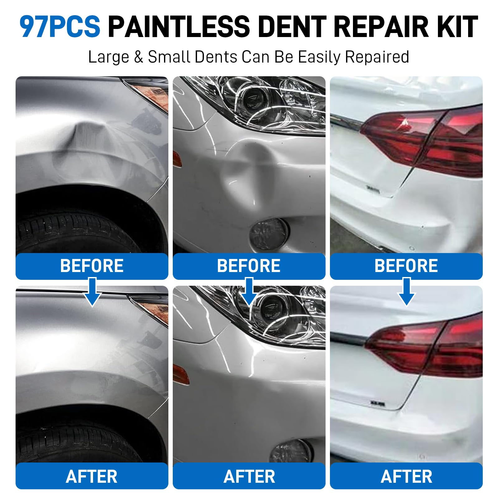 97pcs Dent Puller Kit, Car Dent Puller for Dent Removal, Paintless Dent Removal Kit with Golden Lifter, Bridge Puller, Slide Hammer T-Bar, Dent Remover Tool for Car Refrigerator Door Ding Repair