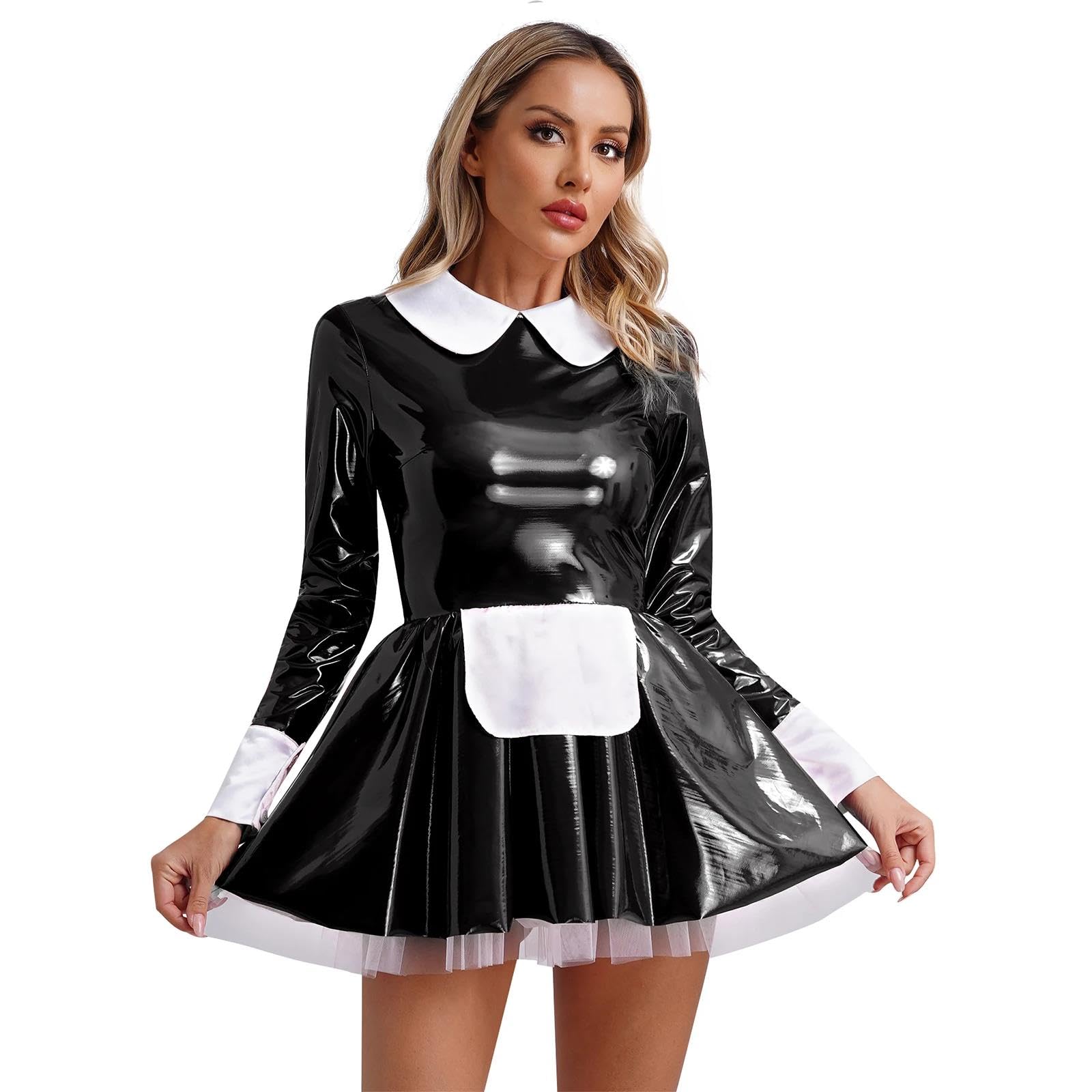 Sexy Mujer Transparente Dulce Vestido De Mucama Francés Disfraz De Cosplay Manga Larga Vestida De Línea