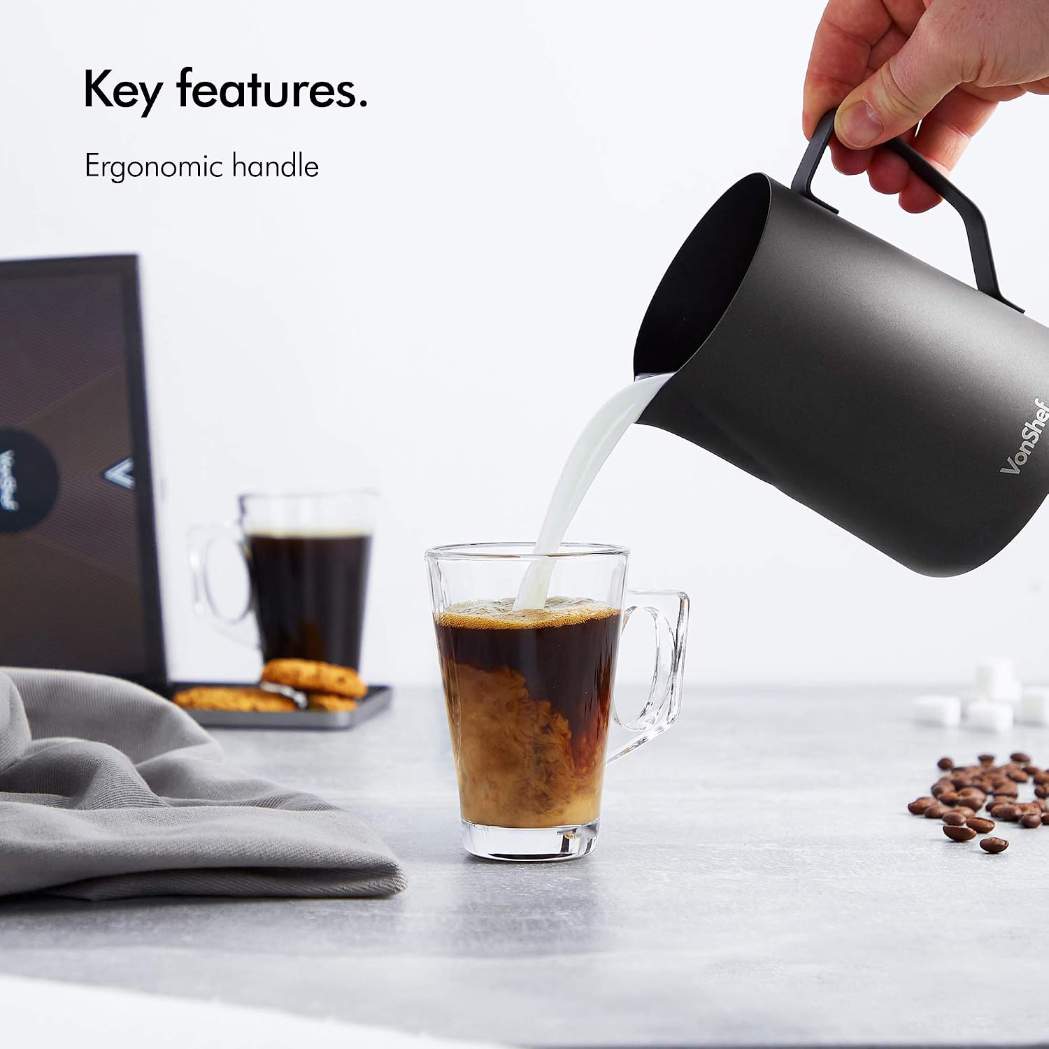 VonShef 34 Ounce Milk Frothing Pitcher Jug, Matte Black Stainless Steel, Suitable for Coffee, Latte and Frothing Milk