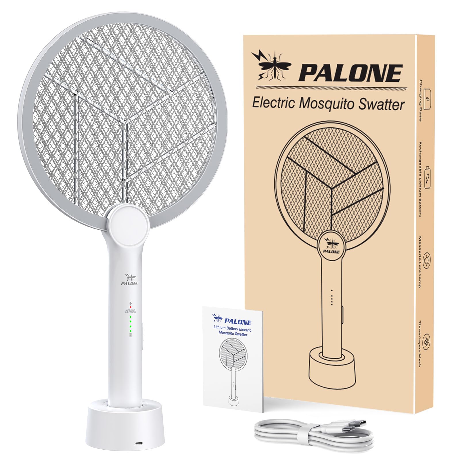 PALONE Racchetta Zanzare Elettrica, Ricaricabile 4000V Racchetta Zanzare Elettrico con USB C, Protezione Maglia a 3 Strati, Antizanzare per Casa Campeggio Interni ed Esterni