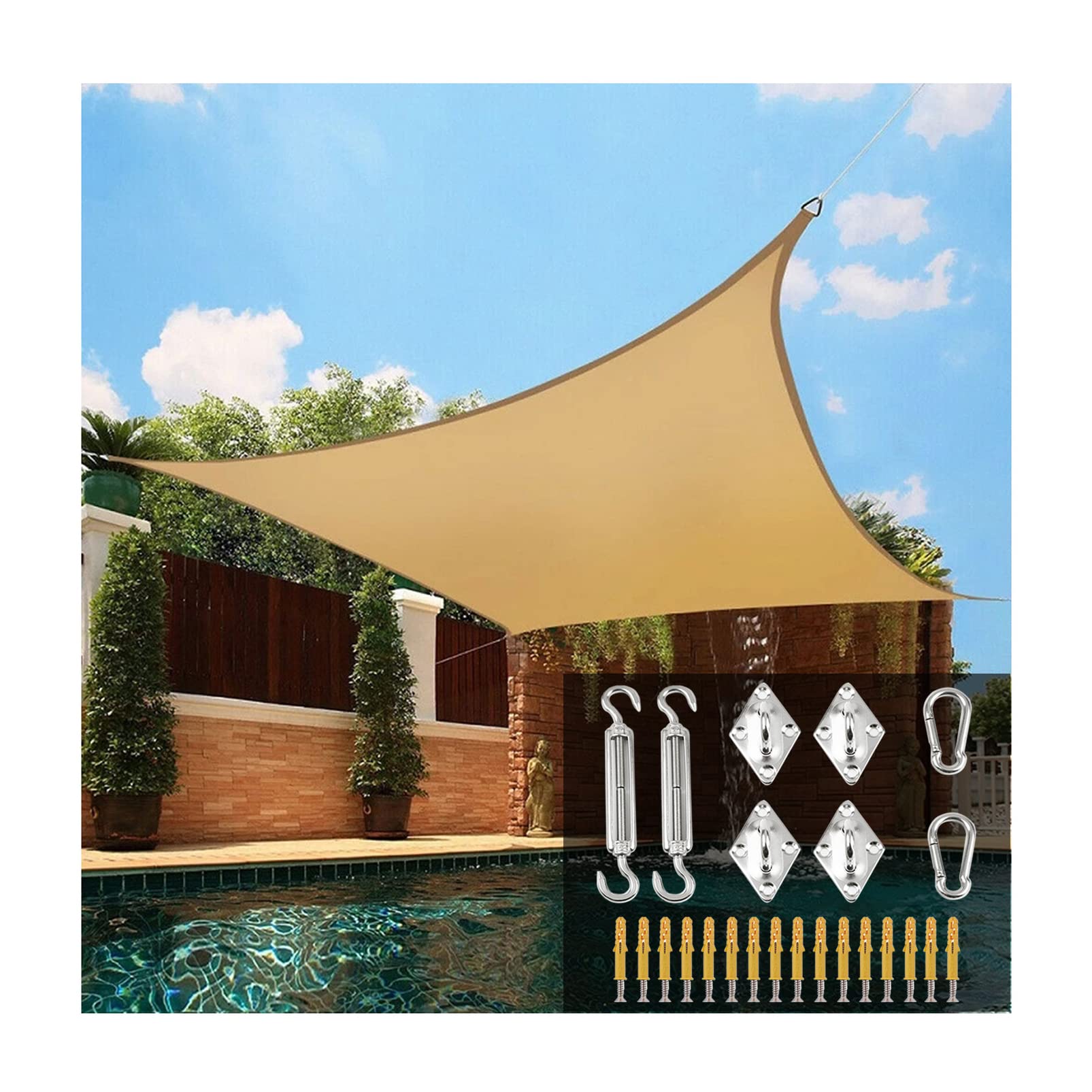 Voile d'ombrage rectangulaire sable avec kit de fixation complet pour terrasse