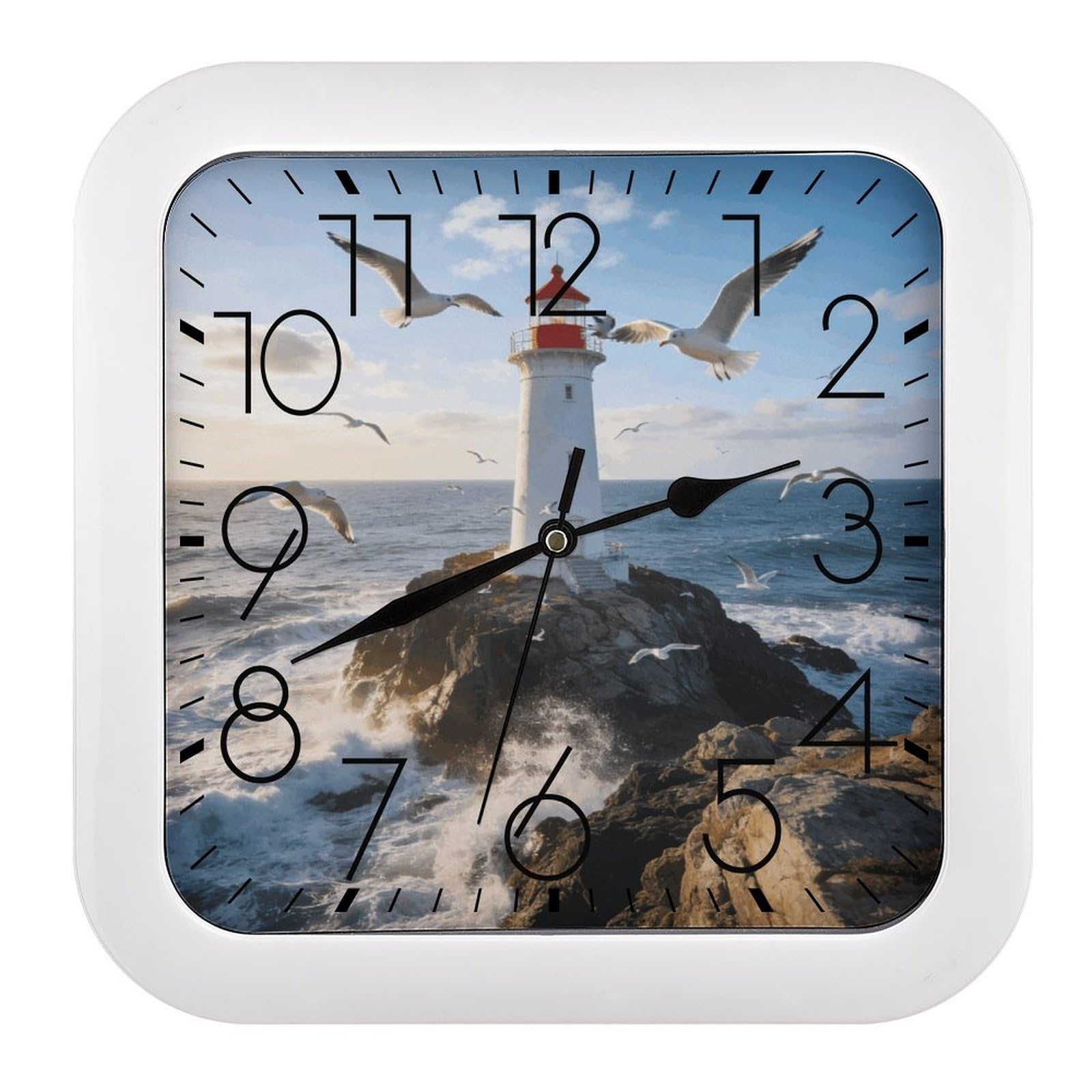 Fodpand Style Lighthouse Seagull Wall Clock,Battery Operated Modern Retro Rounded Square Clock Clock For Bedroom Living Room Office Home Gym Porch Decor Indoor Outdoor 10.2 * 10.2In