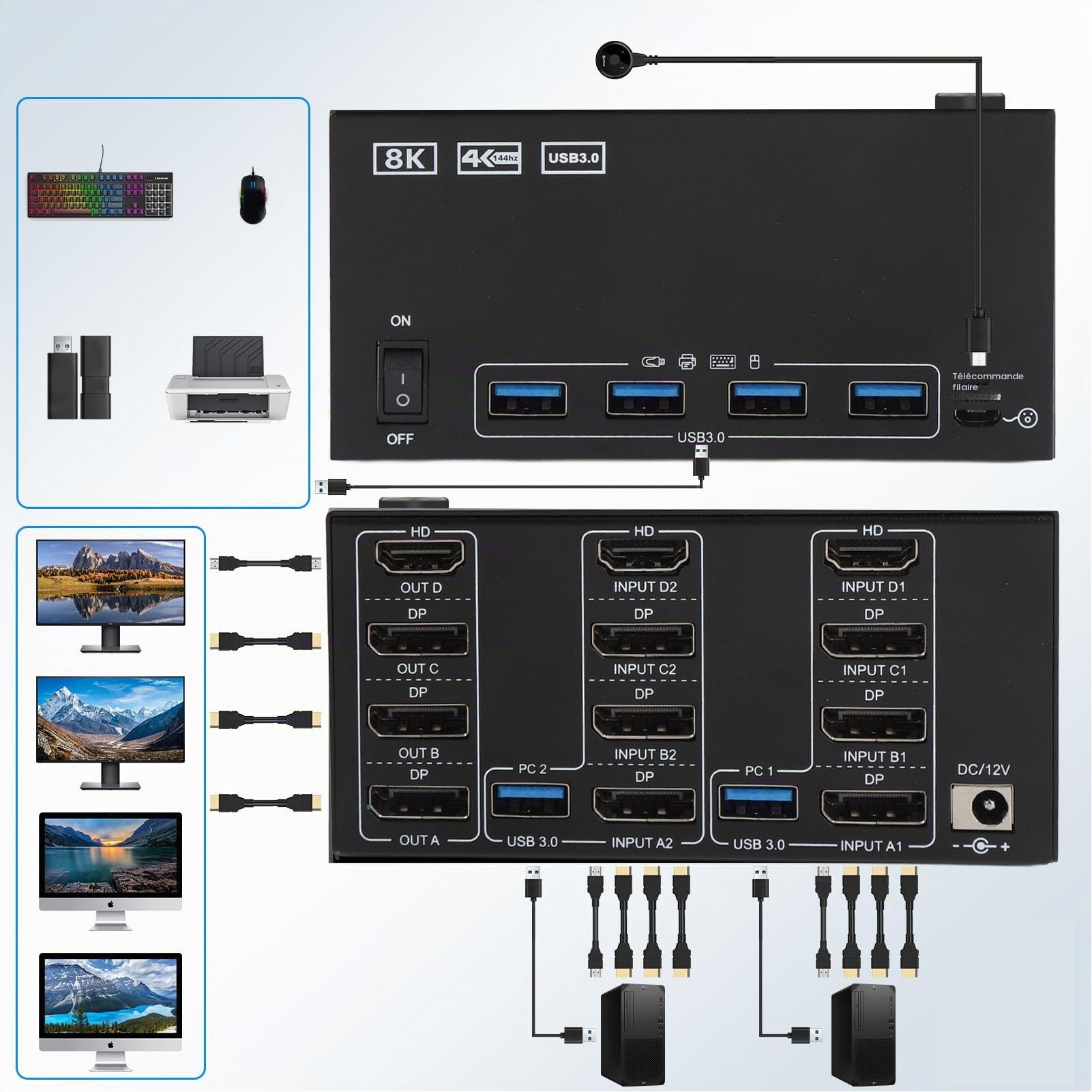 4 Moniteurs KVM Switch avec 4 Ports USB 3.0, 2 Ordinateurs HD 8K 60Hz Displayport (Prise UE)