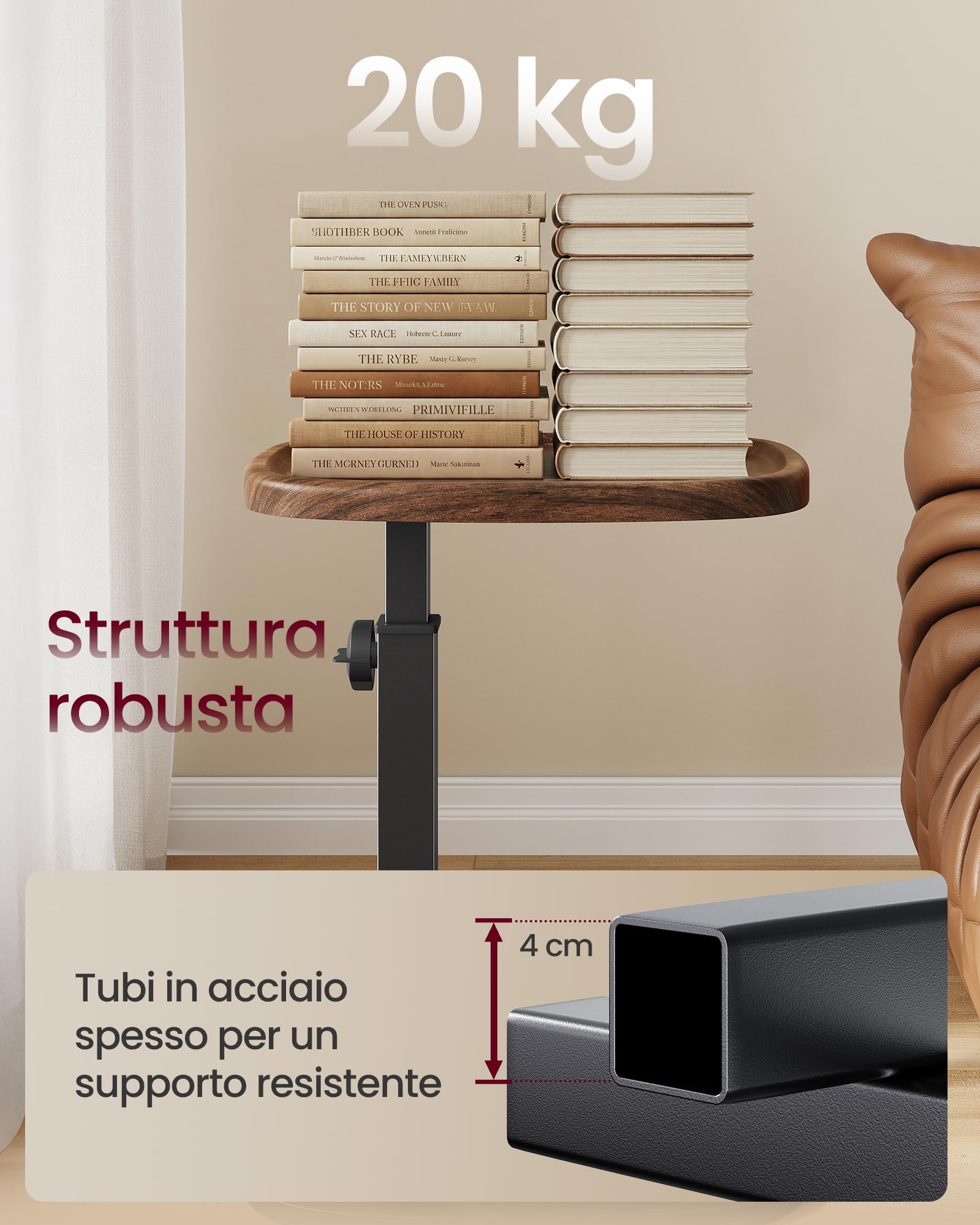 VASAGLE Tavolino a Forma di C, Tavolino da Divano, per Spazi Ridotti, Regolabile in Altezza, per Soggiorno Camera da Letto, 30 x 40 x 69 cm, Marrone Noce e Nero Inchiostro LET363M101
