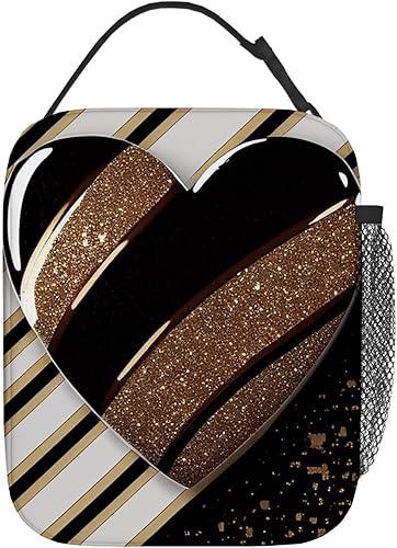 Miniatura 2 de OOZ Bolsa de almuerzo aislada para mujeres y hombres, con purpurina dorada con corazón a rayas, reutilizable, a prueba de fugas, lindas bolsas de