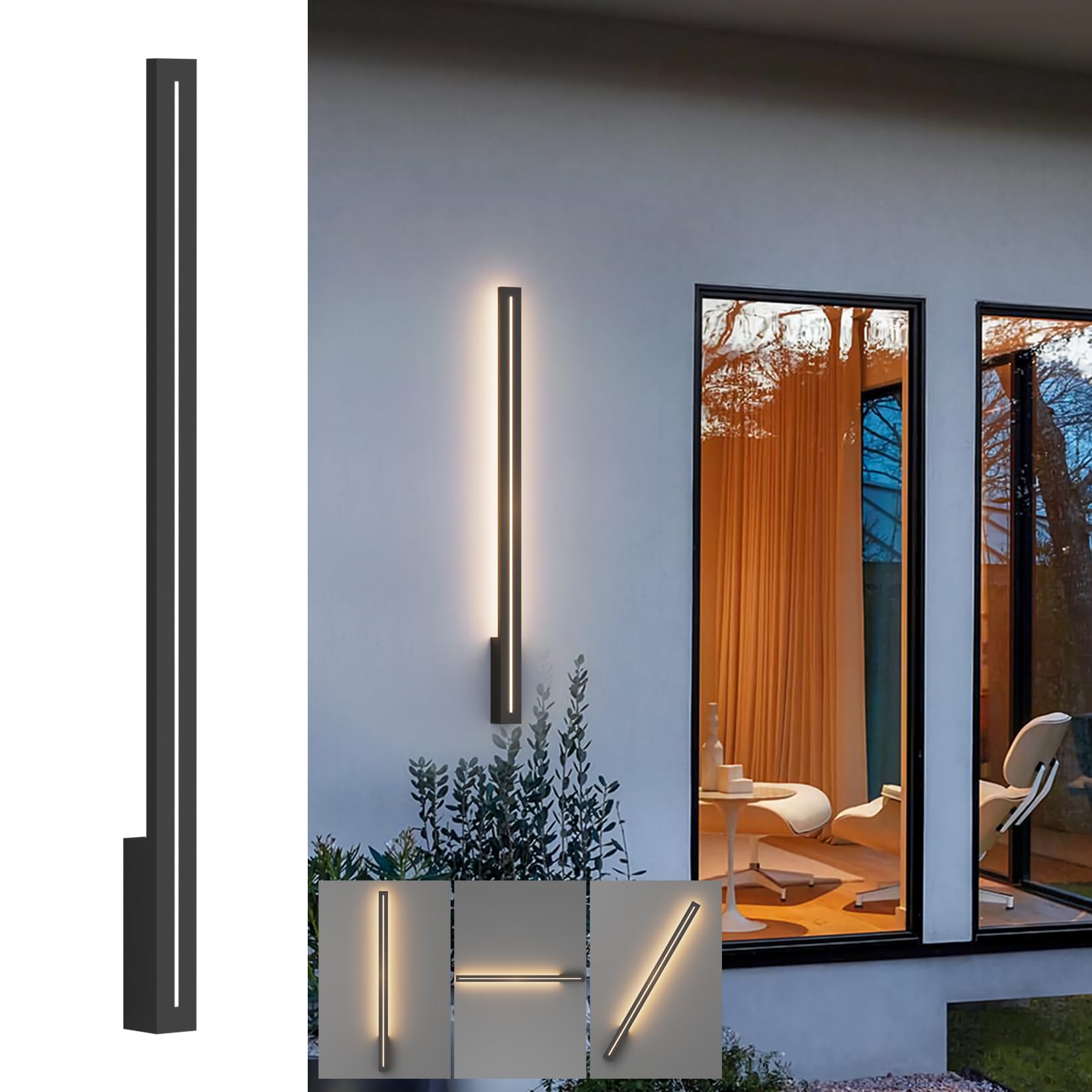 K-Bright Largo Aplique de Pared Exterior/Interior 3000K Blanco Cálido, Lámpara de Pared Exterior IP54 Impermeable para Dormitorio Balcón Patio Jardín (Negro, 100CM) | Resistente al agua IP54, lámpara de pared exterior de aluminio para jardines, terrazas,