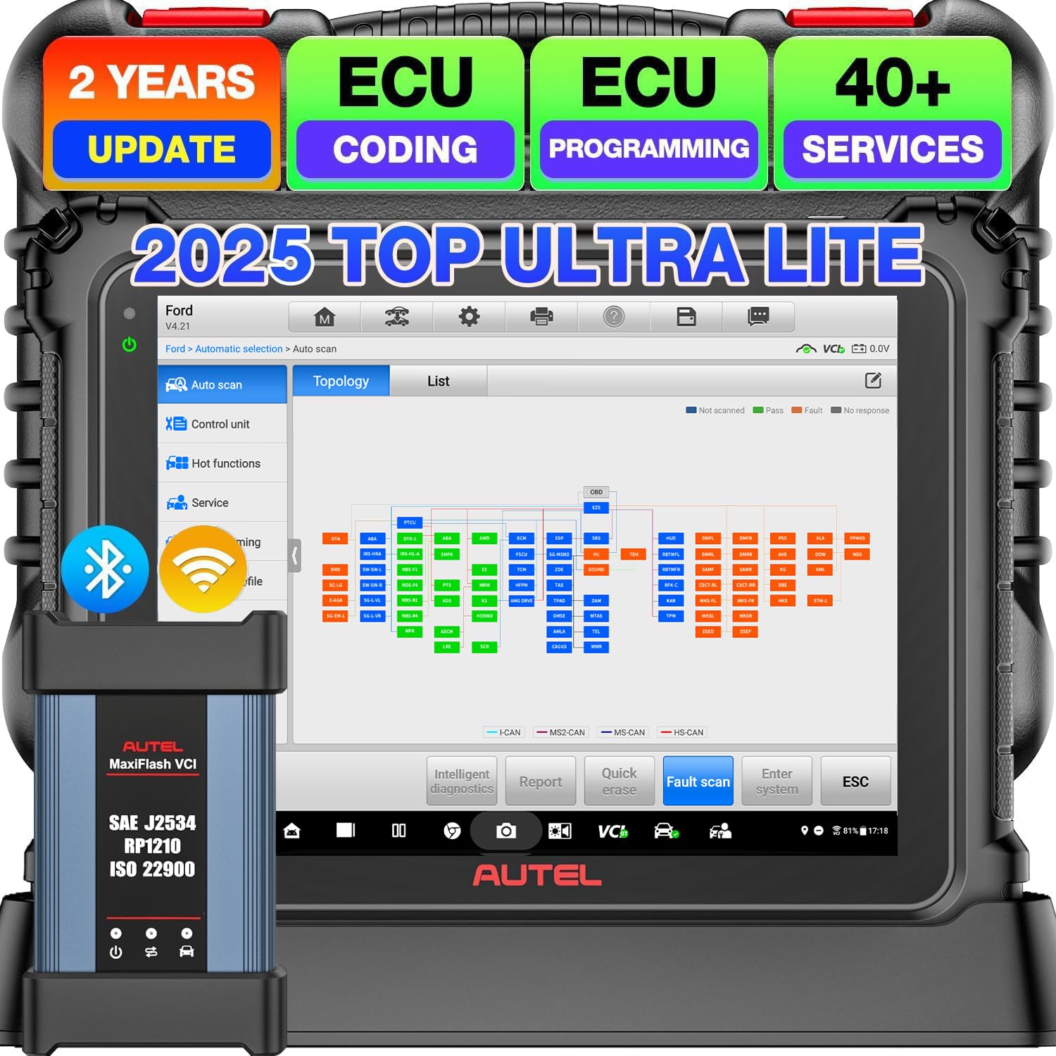 Scanner MaxiCOM Ultra Lite Diagnostic Tool, 2 Years Update, Intelligent Diagnostic Up of MaxiSys MS919 MS909 Elite II PRO, Topology 2.0, ECU Programming & Coding, 3K+ Active Tests, 40+ Services