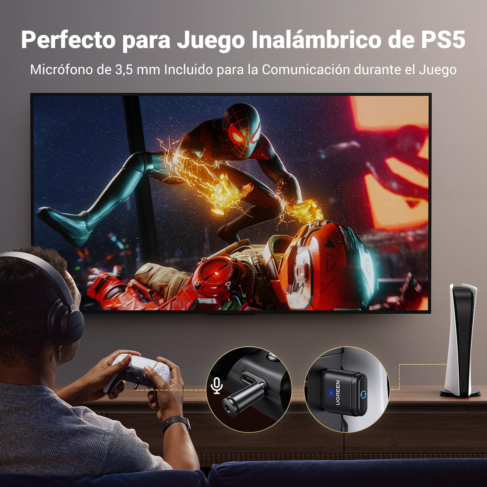 UGREEN Aptx Audio Dongle Bluetooth 5.3 Llave Adaptador USB Compatible con Consola PS5 PS4 Switch PC Soporta Auriculares de Juego Altavoz Micro Separado Incluido