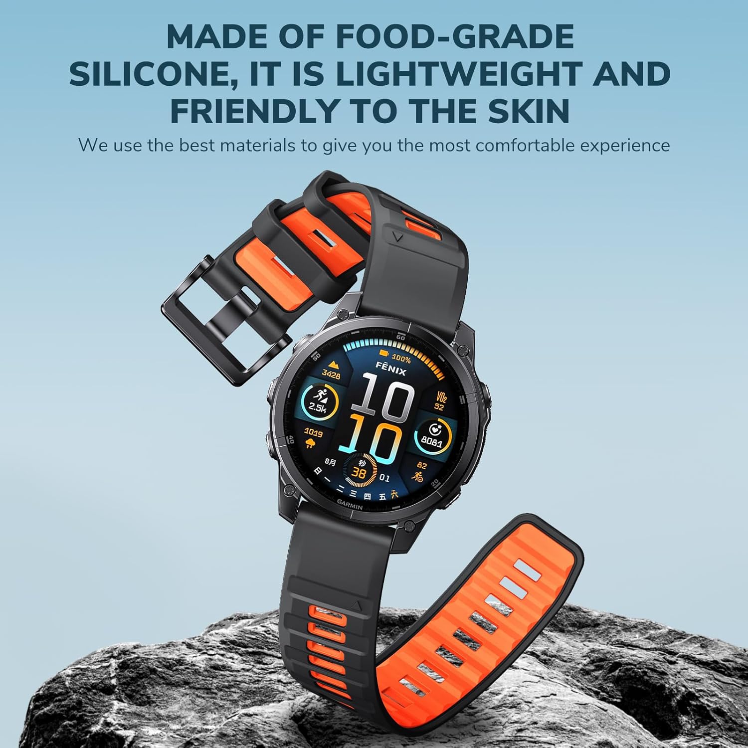 NotoCity Sport Band Compatible with Fenix 6 Band,22mm Quickfit Silicone Watch Band for Fenix 7/Fenix 5/Fenix 6 Pro/Fenix 7 Pro/Fenix 8 Fenix E 47mm/Fenix 5 Plus/Forerunner 945(Black/Orange) - Image 4