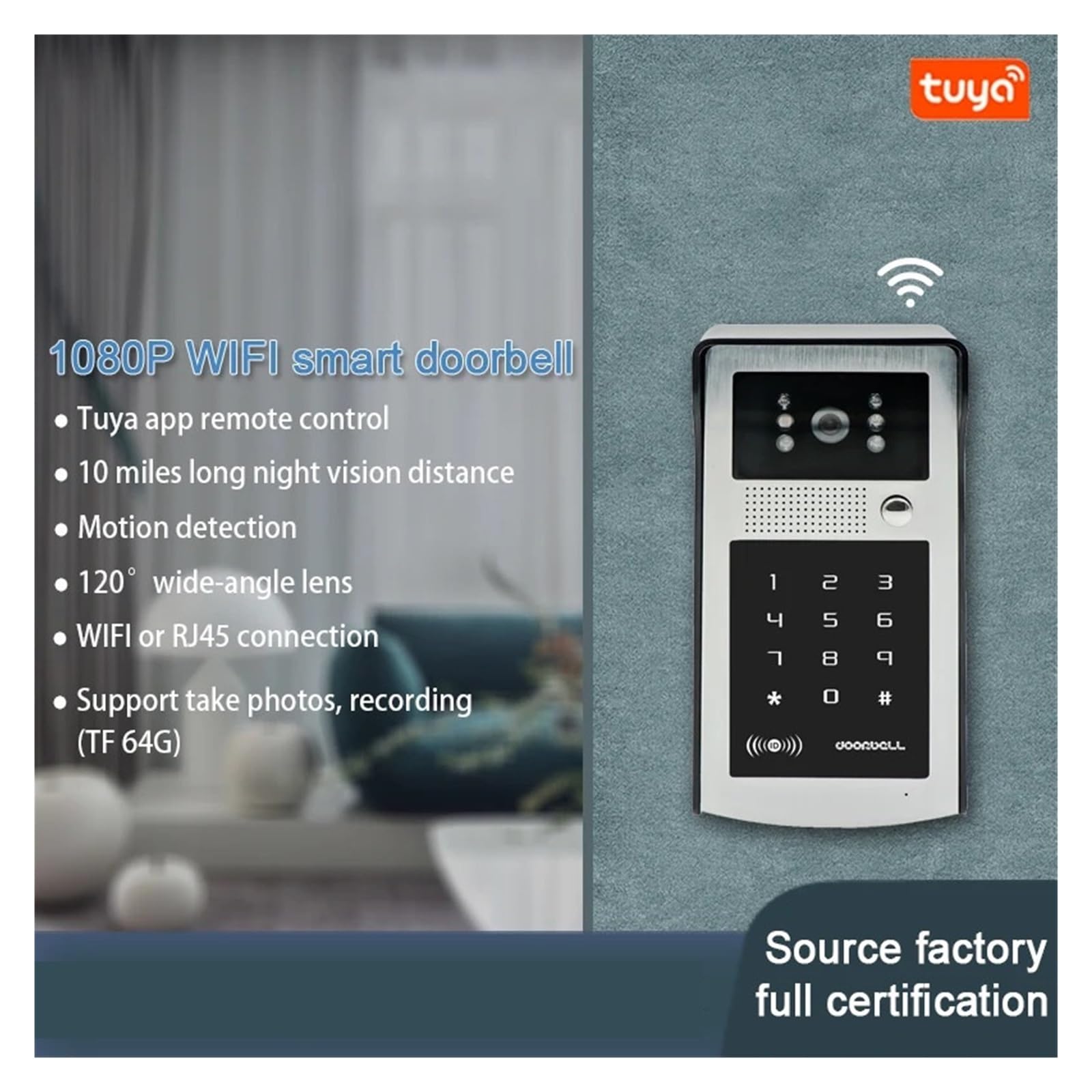 Tuya Inteligentna Kamera Wideodomofonowa 1080P WiFi Wideodomofon Dzwonkowa Z Kodem RFID Dostęp Do Klawiatury Telefon Odblokowanie Aplikacji Instalacja W Mgnieniu Oka(IDS-WIFI-NO-TF)