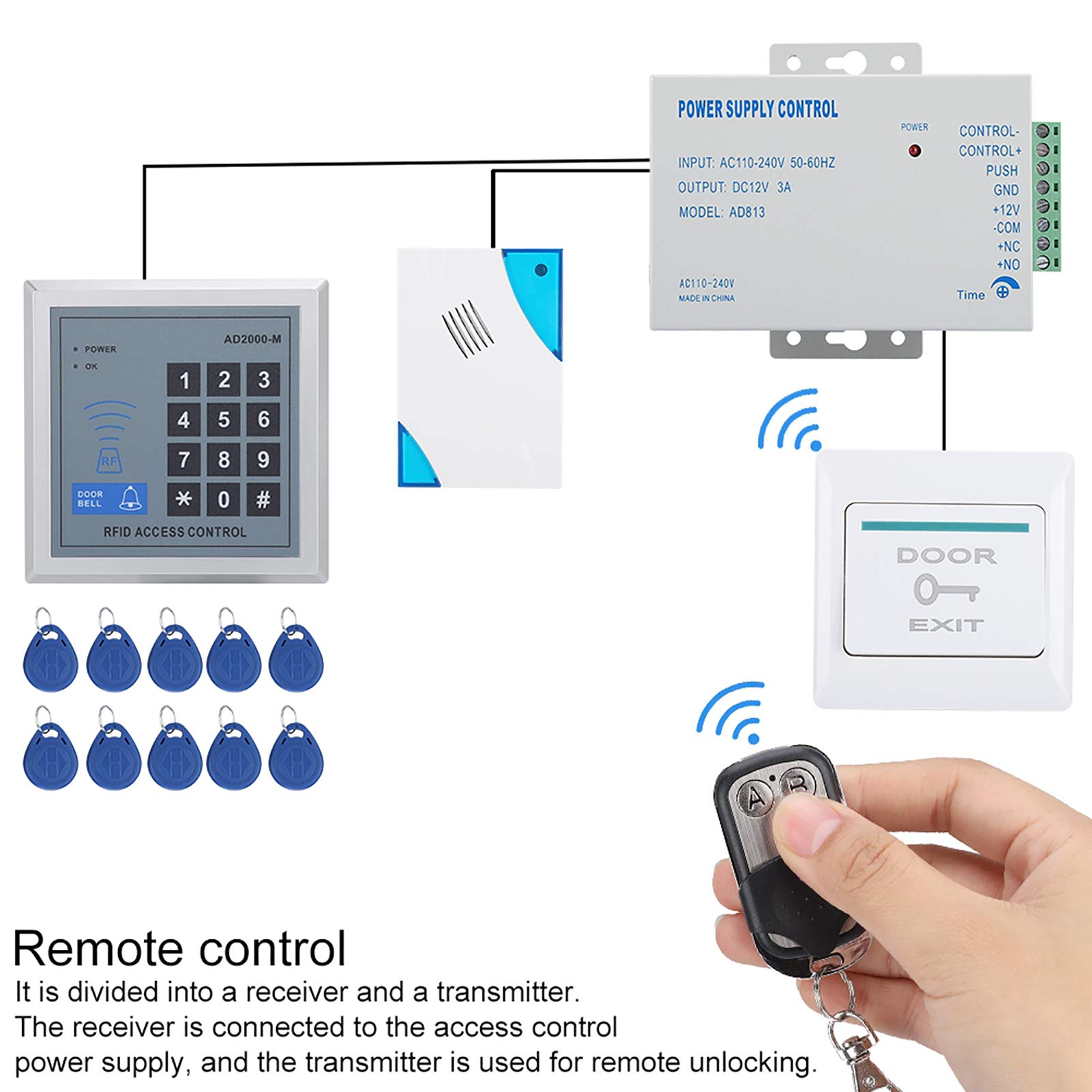 Generic Access Control System for Home Security, Password Entry KEYPAD + 10 KEYFOBS + Remote Control, Genericr0o9n2tyxz