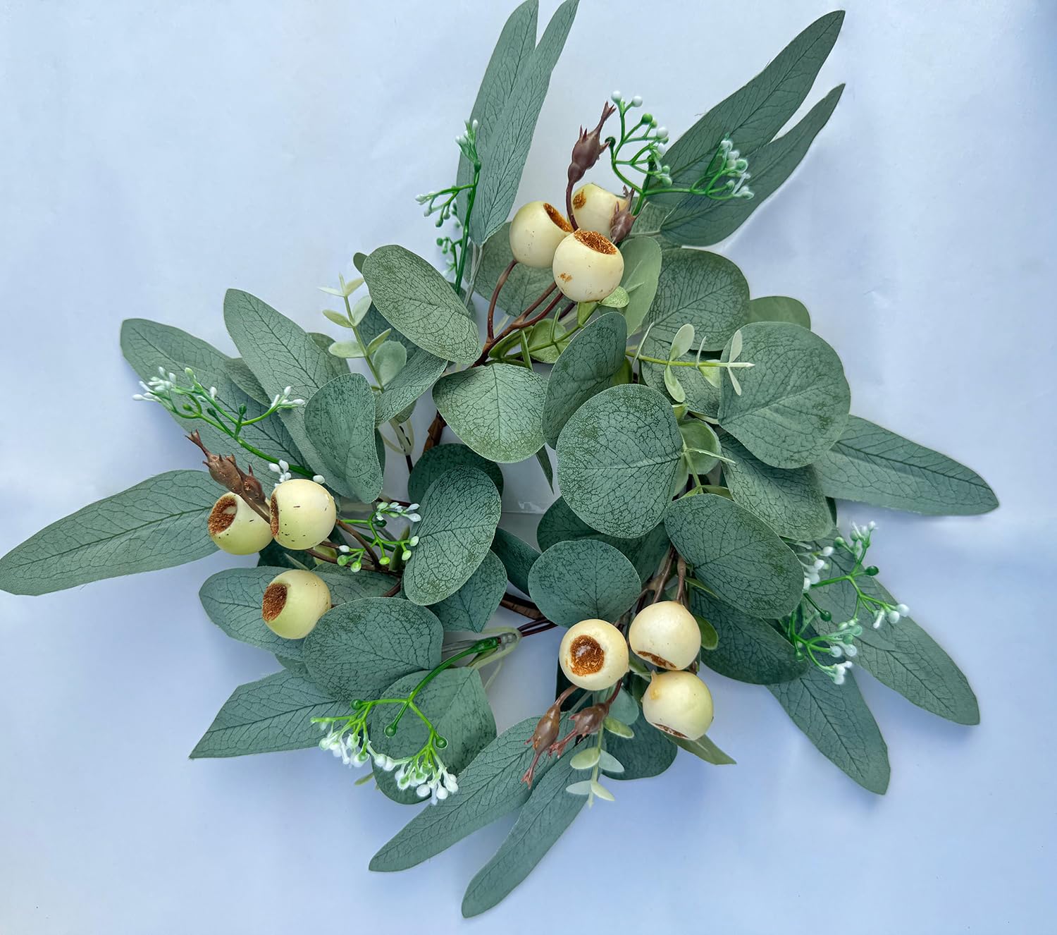 2 Pieces Candle Rings, Candle Rings Wreaths 4 Inch Center Artificial Eucalyptus Leaves Wreaths Small Boho Wreath Pillar Candle Holder for Wedding Home Door Tabletop Decor(B)